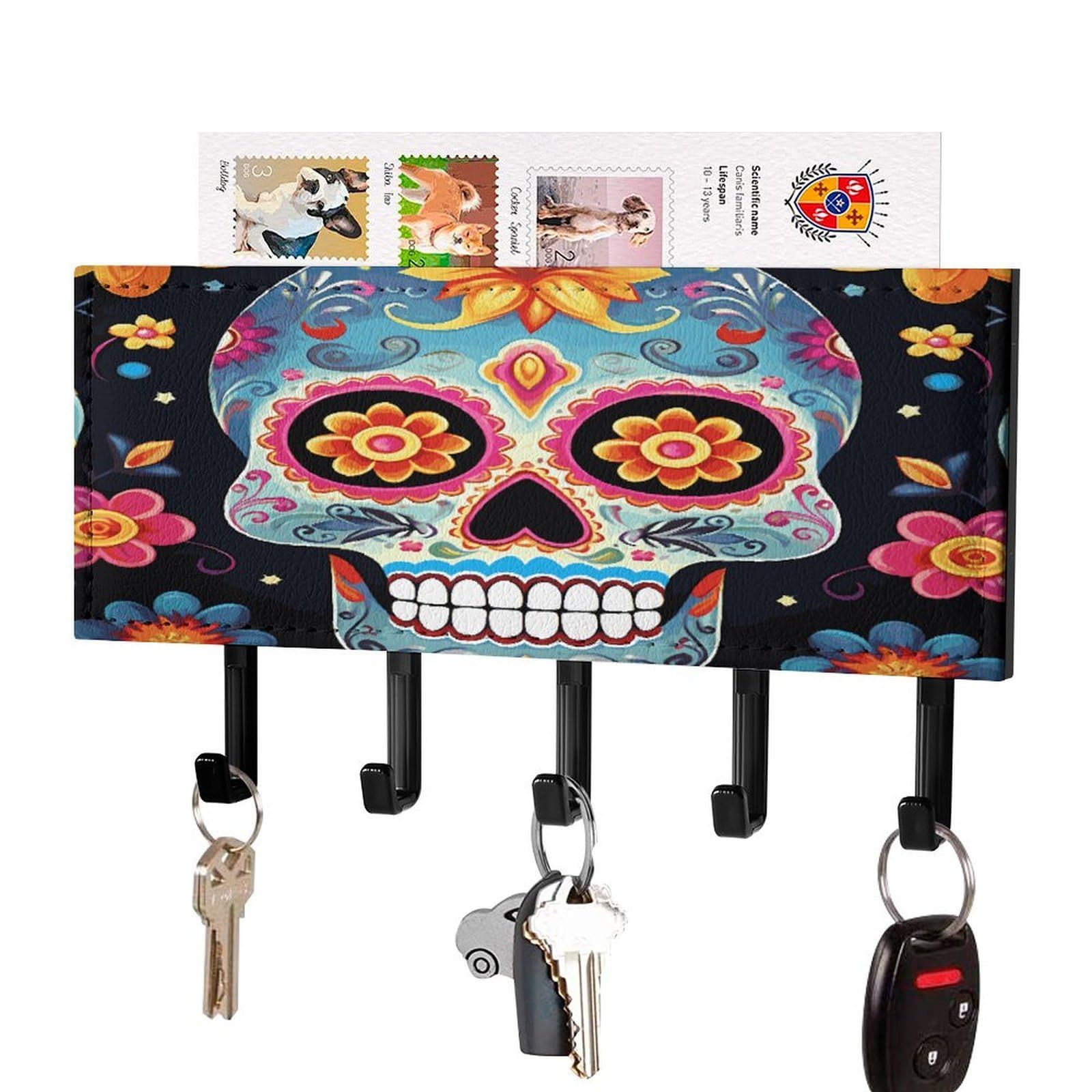 LDGSUPH Sugar Skulls Key Holder Wall Mount Key Hanger with 5 Hooks Fashion Key Organizer Rack Hanging Key Hooks with Mail Organizer Key Rack for Home Entryway Hallway Black-Style