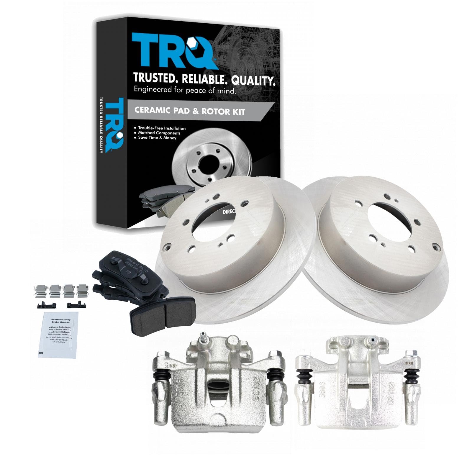 TRQ Rear Brake Pad and Rotor Set Ceramic Solid Rotors Calipers