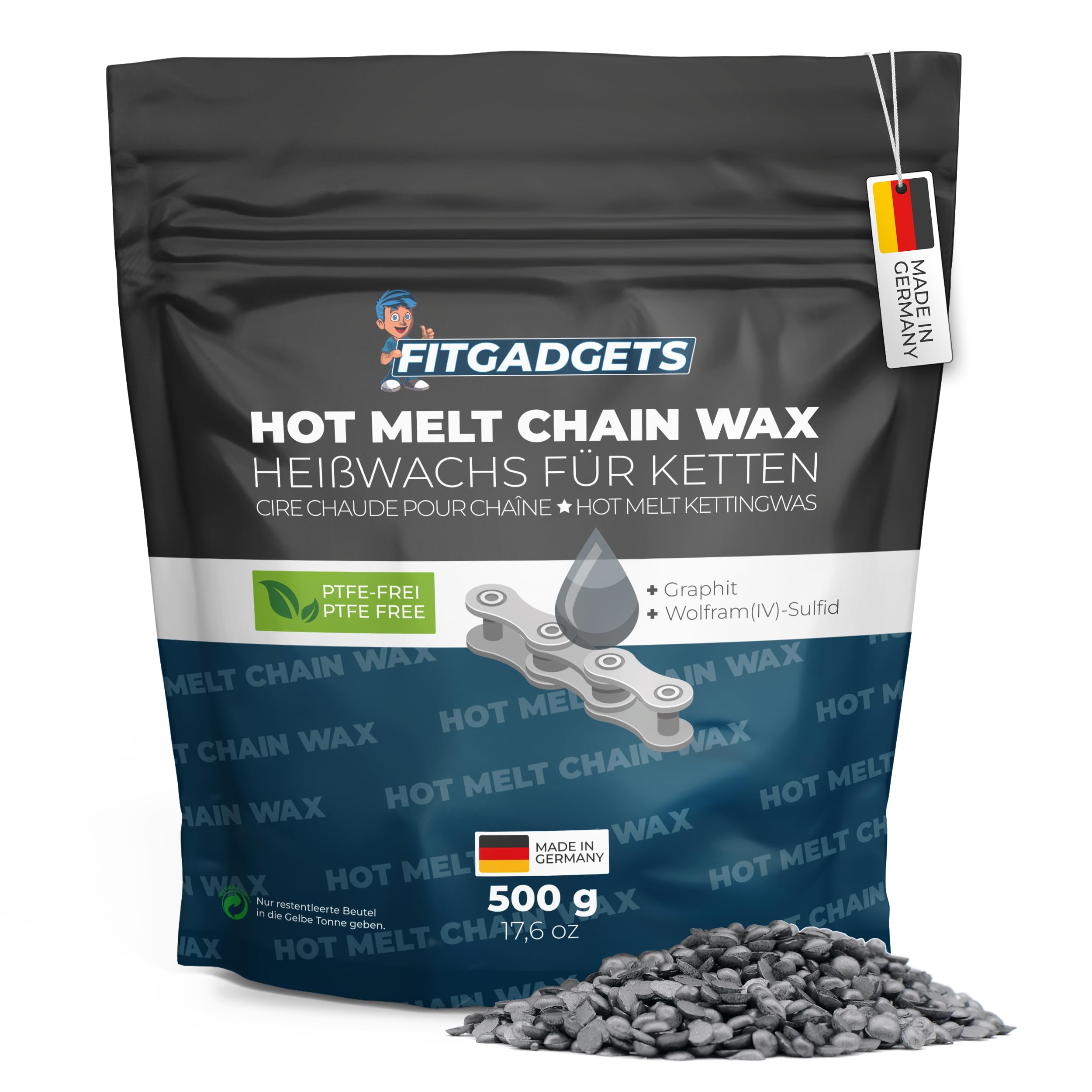 OH3 Fitgadgets Cera Calda per Catene di Bici 500g Pellet - Cera a Caldo per Catena con Grafite & Solfuro di Wolfram - Lubrificante a Cera per Bici Race, MTB & Gravel