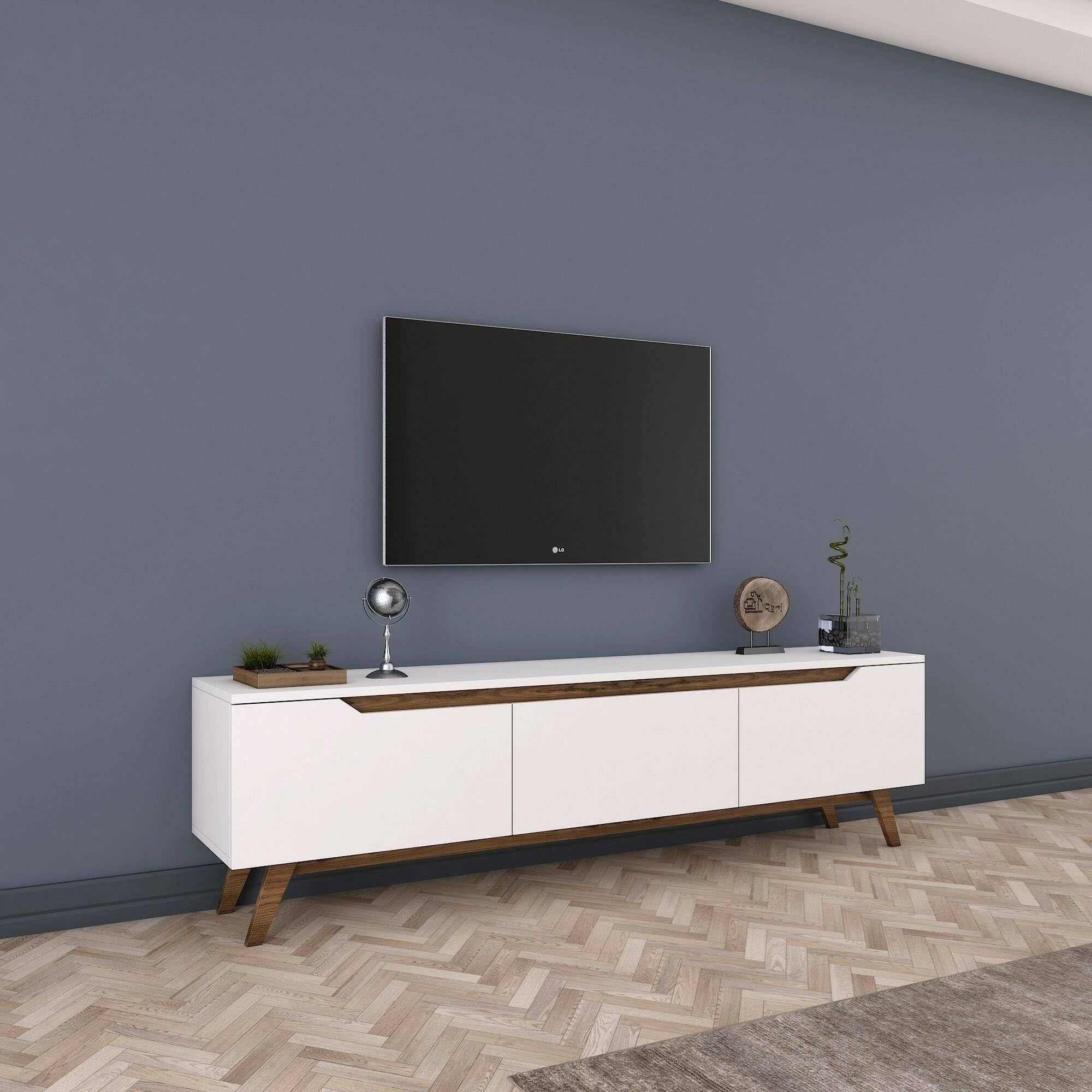 Dmora - Mobile porta TV Cor, Credenza da soggiorno, Armadio basso per TV, Base parete attrezzata, 180x35h49 cm, Bianco e Noce