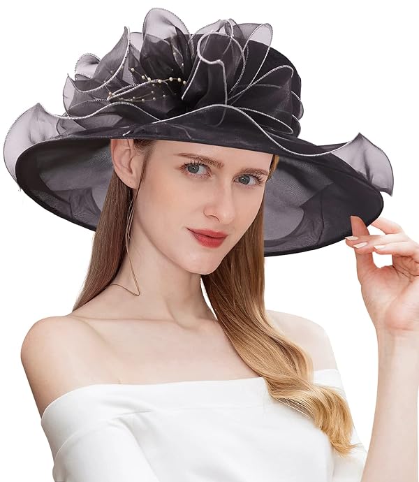 ELLYDOOR Women Kentucky Derby Fascinator Hat Organza Church Wedding Hat Wide Brim Cocktail Tea Party Hat Black by ELLYDOOR - Image 4