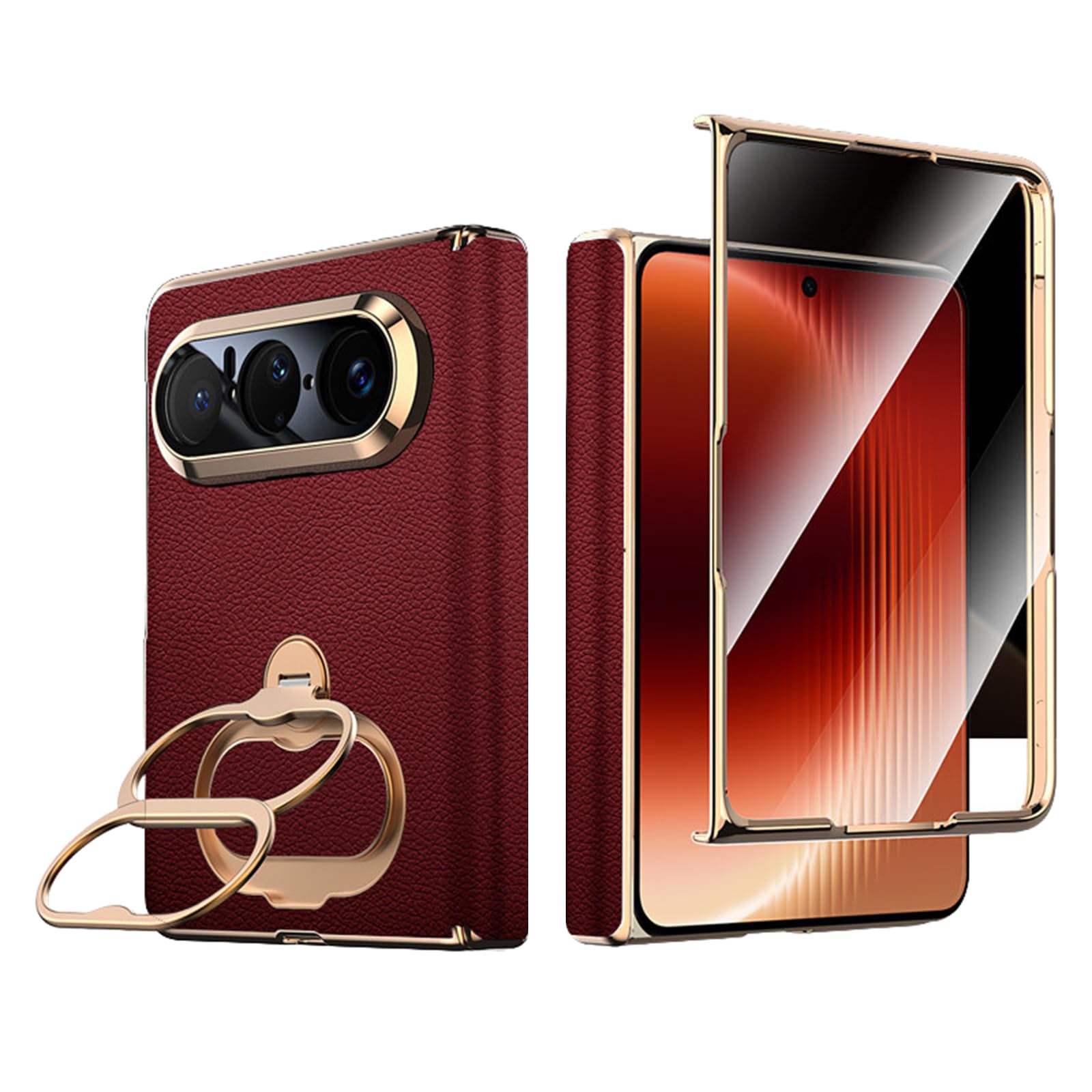 FDUJINH Genuine Leather Cover for Huawei Pura X Max, Folding Rotating Kickstand Case Electroplated Anti-Fall Hinge Full Body Protection Shell