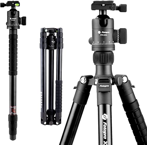 Vista 41 de Fotopro Trípode de viaje de fibra de carbono de 68 pulgadas, trípode de cámara resistente con cabeza de bola, monopie desmontable con placa de Negro