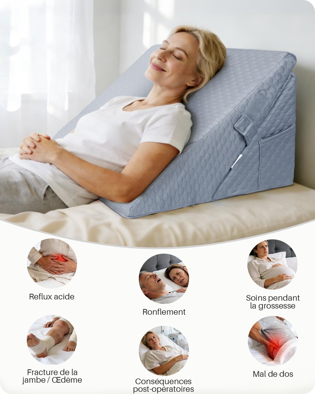 Kekoy Rehausseur Matelas Adulte Réglable – Idéal Contre l’Apnée, Reflux Acide, Douleurs Dorsales, Ronflements | Oreiller Anti-Reflux en Mousse à Mémoire, Housse Amovible, Poignée (Gris)