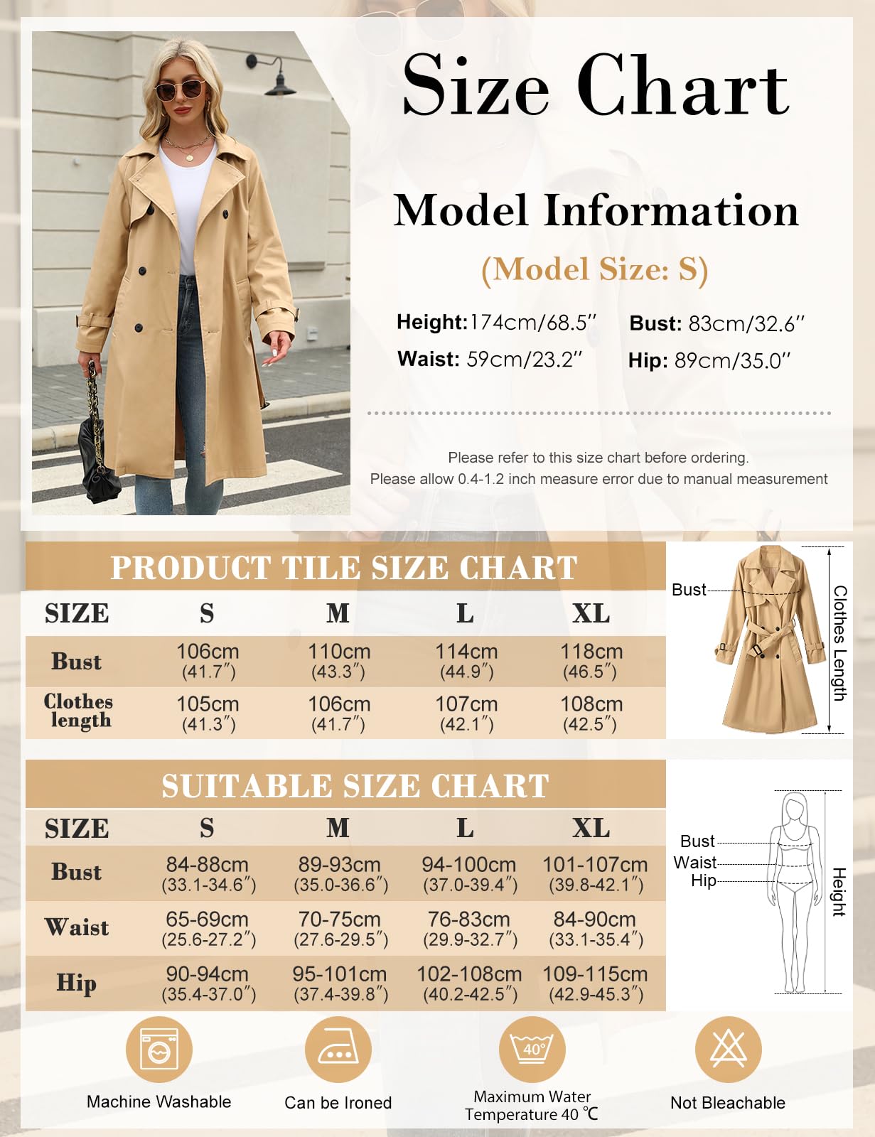 Tuopuda Gabardina para mujer Casual Abrigos con Cinturón Larga Gabardina mujer de Cuello Solapa Clásica Doble Botonadura Cortaviento Trench Chaqueta Primavera Otoño Abrigos