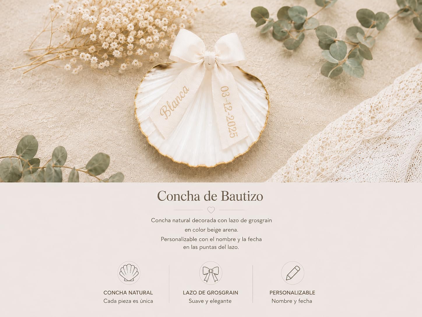 Set de Bautizo Personalizada con Nombre — Set Completo Vela, Paño, Concha y Babero — Regalo Bautizo Bebé en Caja Premium (Angel)