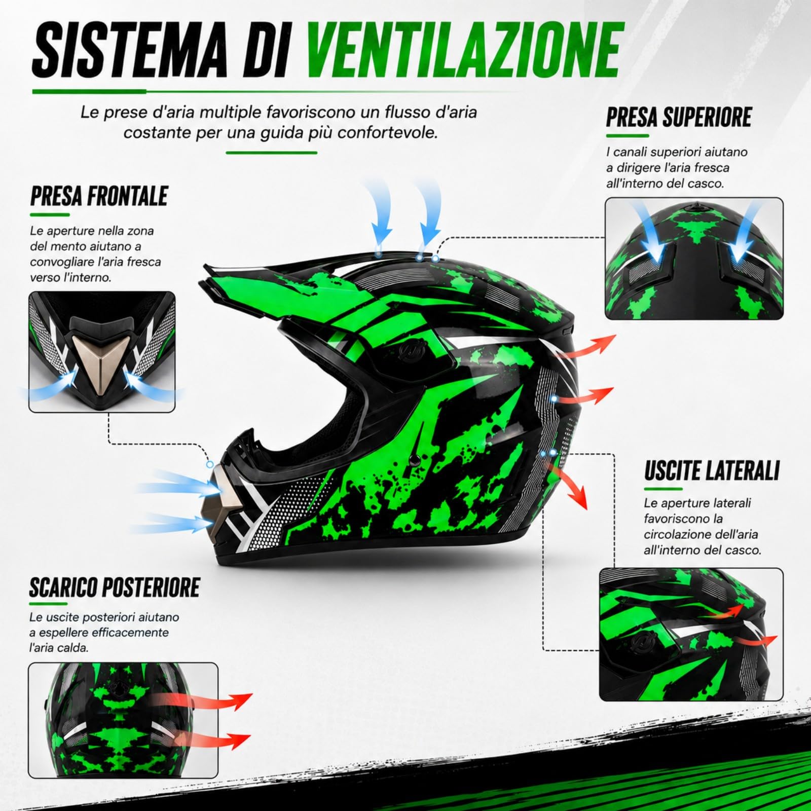 Casco Integrale MTB BMX nero e verde acceso con Occhiali e Guanti