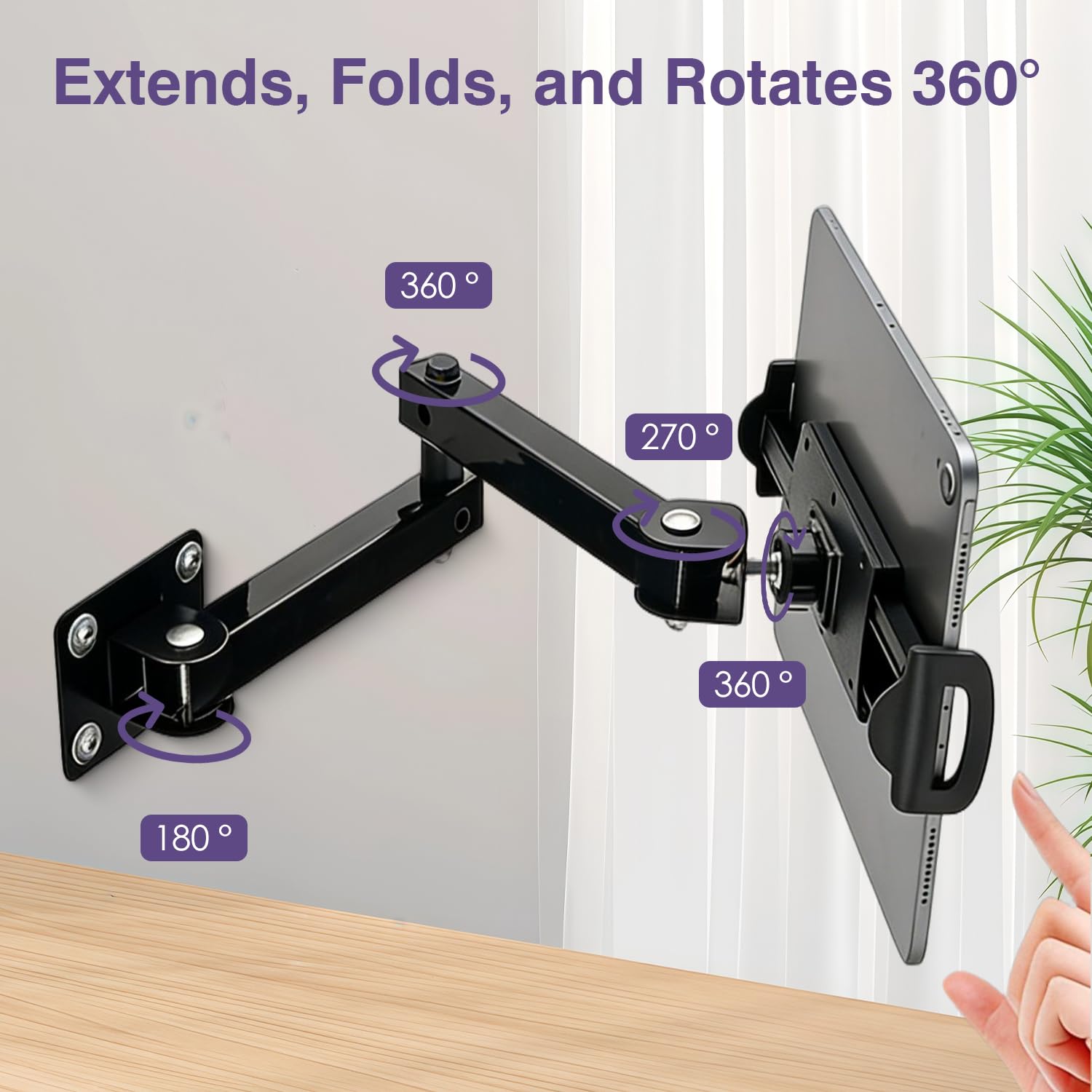 Soporte de pared para tableta, soporte de pared extensible de aluminio para iPad, rotación de 360°, soporte de pared universal ajustable para tableta para negocios y hogar inteligente, compatible con