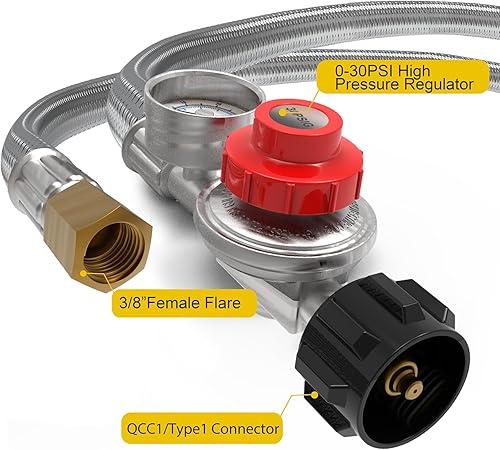 Miniatura 3 de Manguera reguladora de propano QCC1 ajustable de alta presión de 8 pies 0-30PSI con indicador de flujo de gas de 0-60 PSI, 38 hembra a 18 MNPT, 38