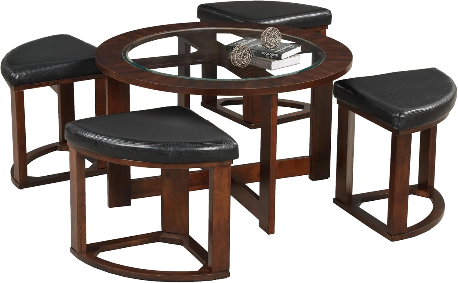 Roundhill Furniture Cylina Solid Wood Glass Top Round Coffee Table with 4 Stools, Espresso, 36.00 x 36.00 x 19.00 Inches