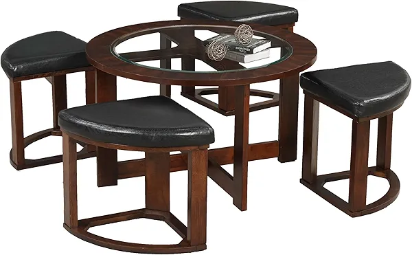 Roundhill Furniture Cylina Solid Wood Glass Top Round Coffee Table with 4 Stools, Espresso