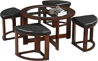 Roundhill Furniture Cylina Solid Wood Glass Top Round Coffee Table with 4 Stools, Espresso, 36.00 x 36.00 x 19.00 Inches