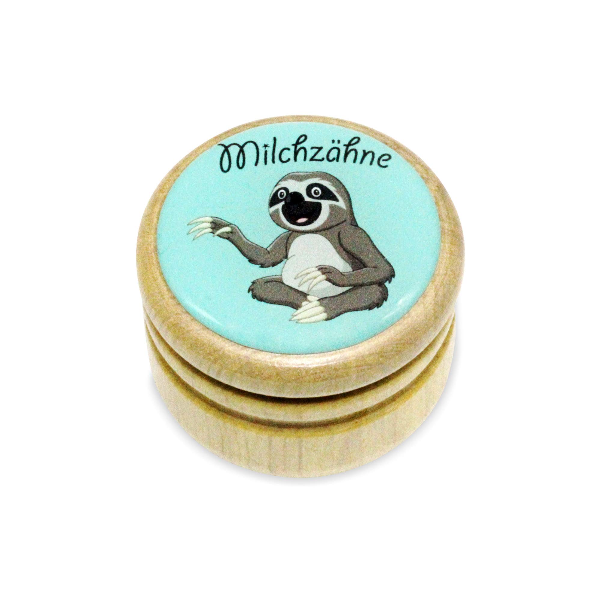 GICO Milchzahndose, Zahndose Milchzähne Bilderdose mit diversen Motiven aus Holz für Jungen und Mädchen mit Drehverschluss 44 mm (Faultier)