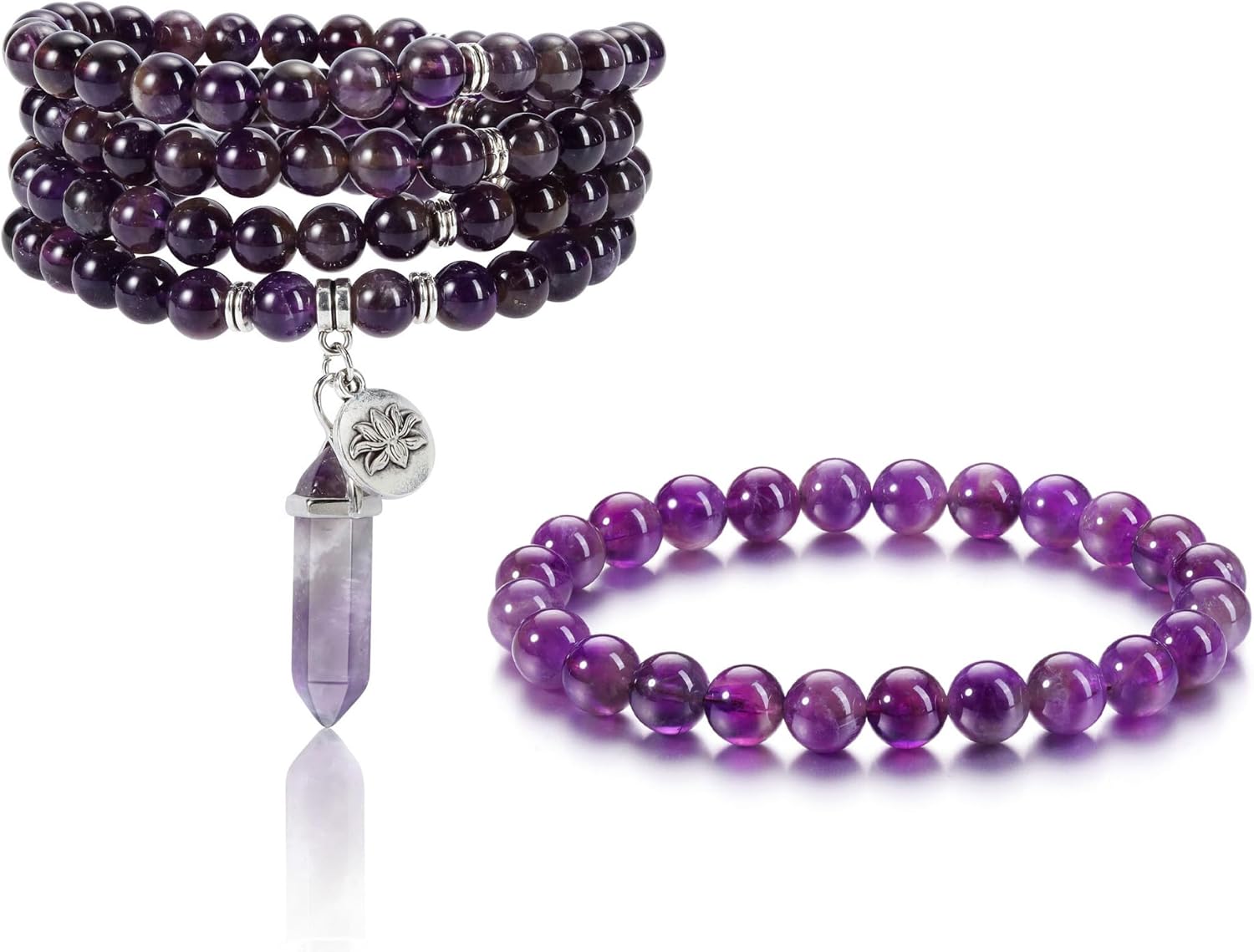Bundle of Jovivi 108 Mala Beads Bracelet 8mm Natural Amethyst Healing Crystal Stone Mala Prayer Bead Necklace Crystal Bracelets for Women Men