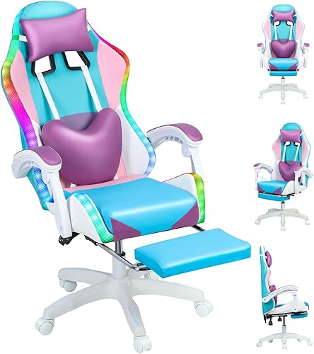 Sillas de juegos para adultos, silla de computadora con reposapiés y respaldo alto ergonómico, luz LED, sillas giratorias de 360 en altura ajustable