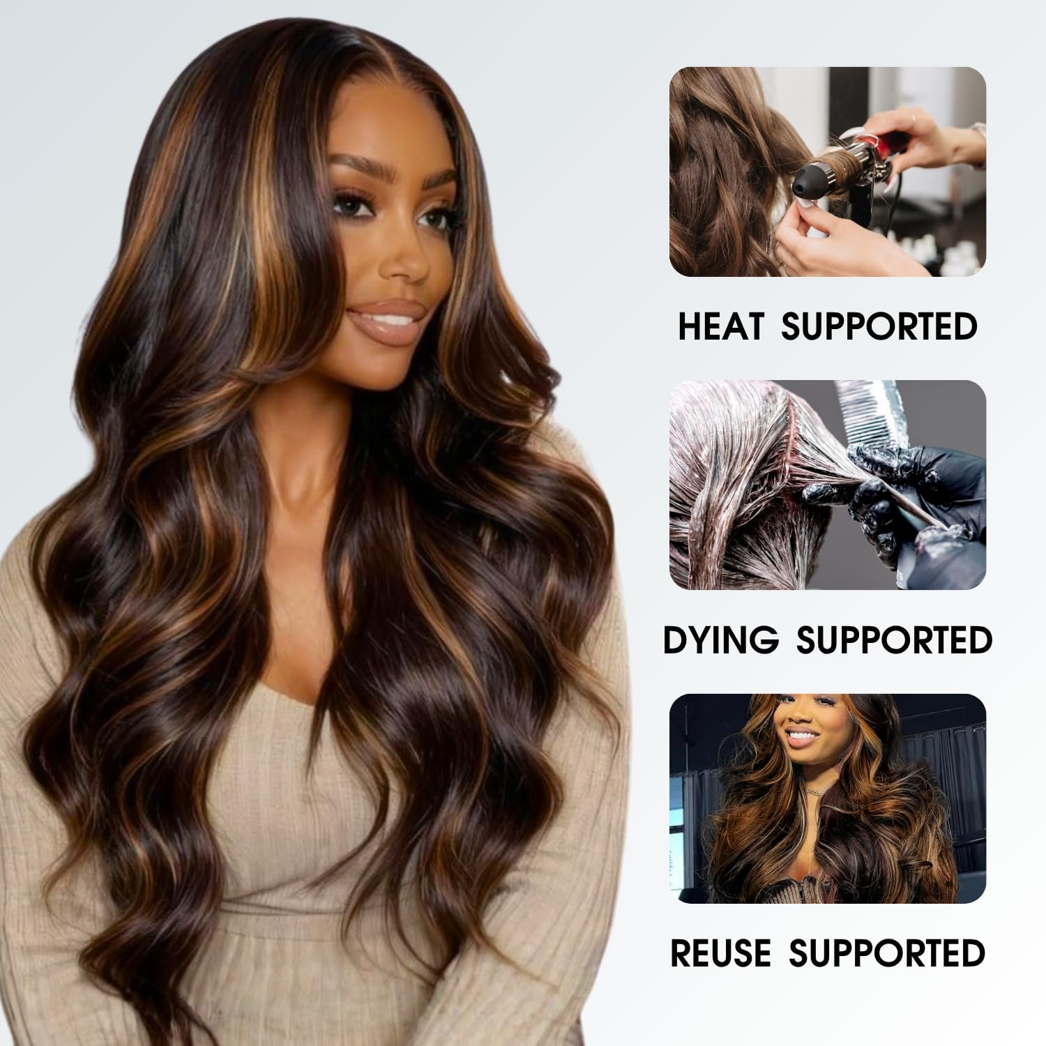 BQRIH Brown Highlight Body Wave Bundles With 4x4 Closure 16 18 20+14in 12A Human Hair Extensions Virgin Remy F1B/30 Black and Honey Blonde Highlights Brazilian Weaves With HD Lace Closure Pre Plucked