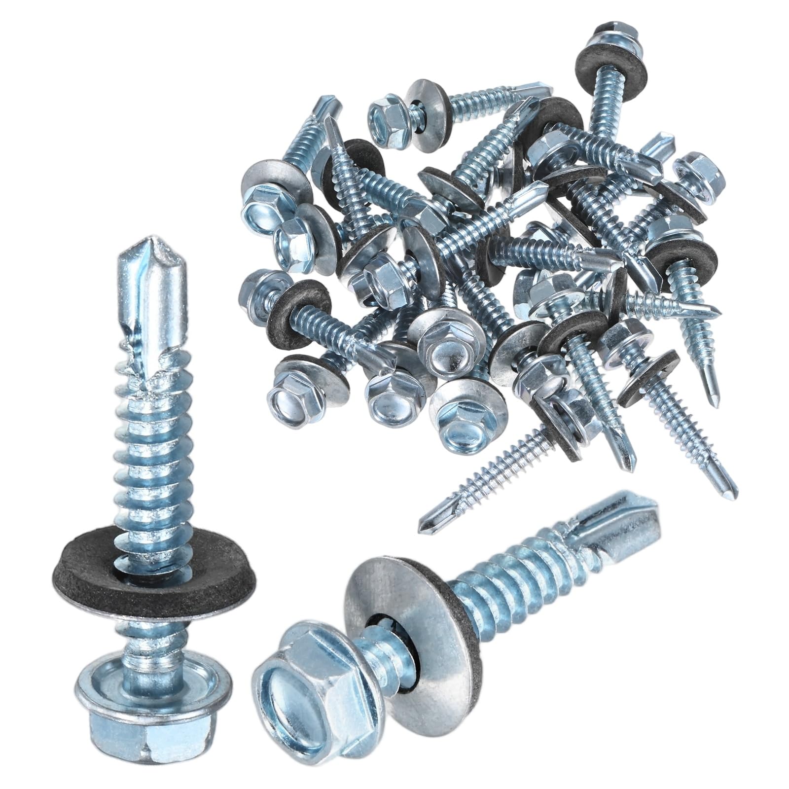 M METERXITY 25-Pack Self Drilling Screws with Rubber Washer M6.3 x 35mm Zinc Plated Carbon Steel Hex Head Self-Tapping Screws for Metal Roofing/Siding Panels/Steel Structures