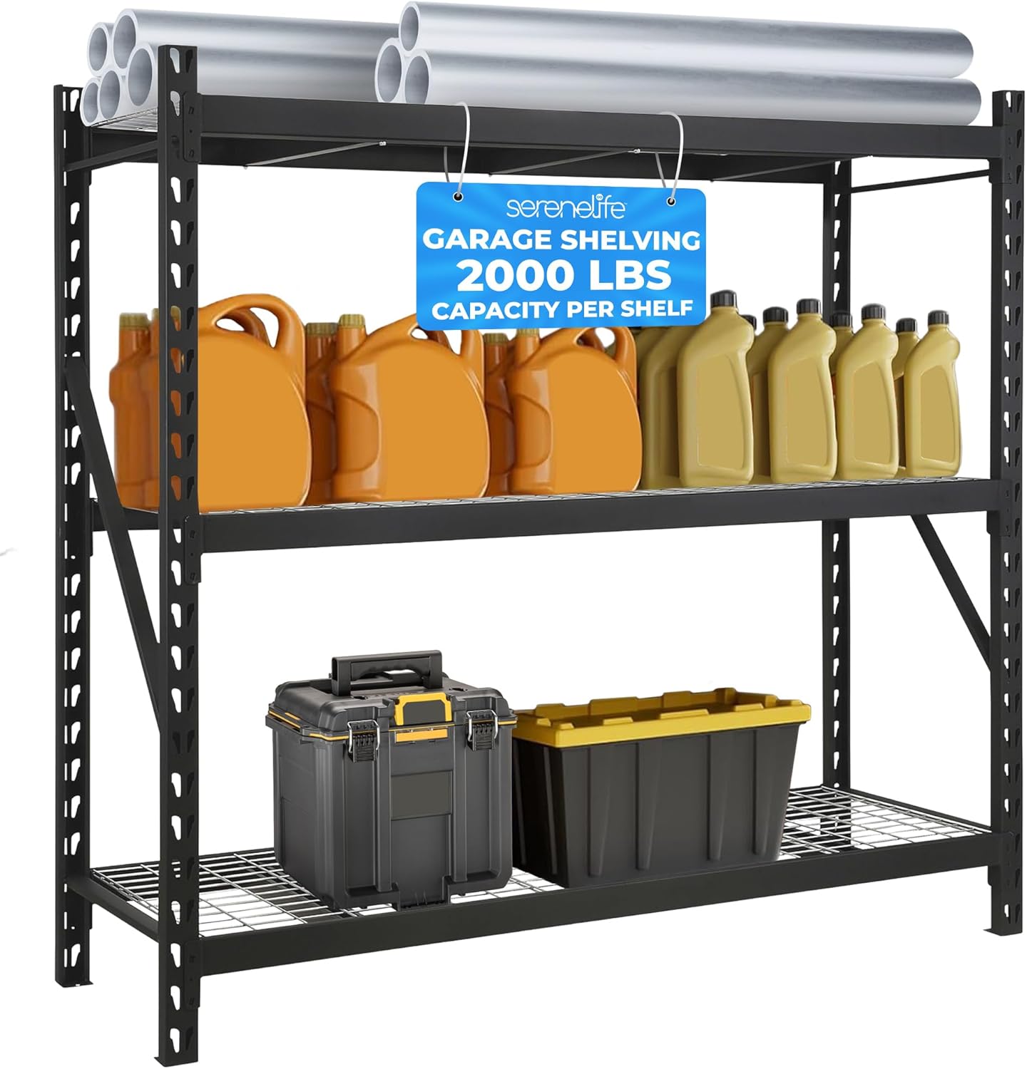 SereneLife Heavy Duty 3-Tier Metal Garage Shelving | 24" x 77" x 72" Extra Wide Adjustable Storage Utility | Freestanding Bulk Storage Rack | Open Wire Mesh Design | 2000 lbs. Capacity