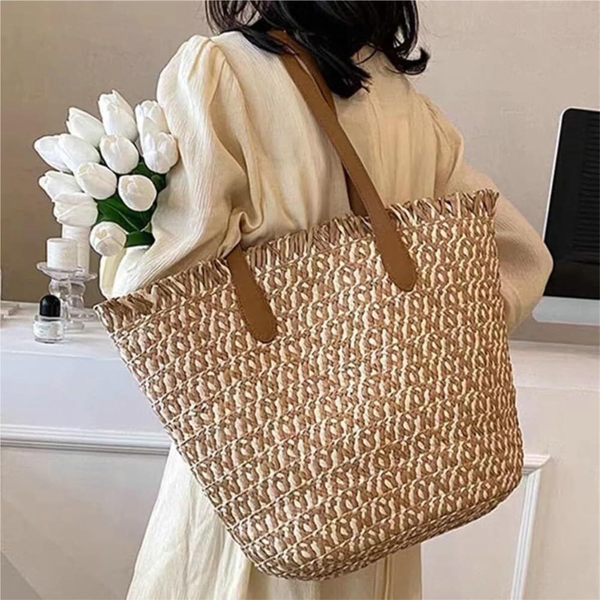 Bolso de Paja Los Bolsos Grandes De La Paja para Las Mujeres Hacen Punto El Bolso Playa Bolsa Asas Mujer(Black)