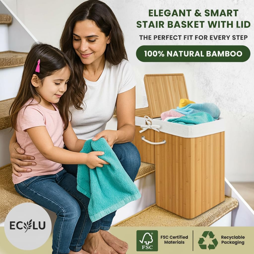 Ecolu Bamboo Stair Basket with Lid — Stair Baskets for Wooden & Carpeted Stairs — Foldable Stair Storage Basket with Cotton Handles, Washable Liner & 6 Stability Clips for Laundry, Toys, Books