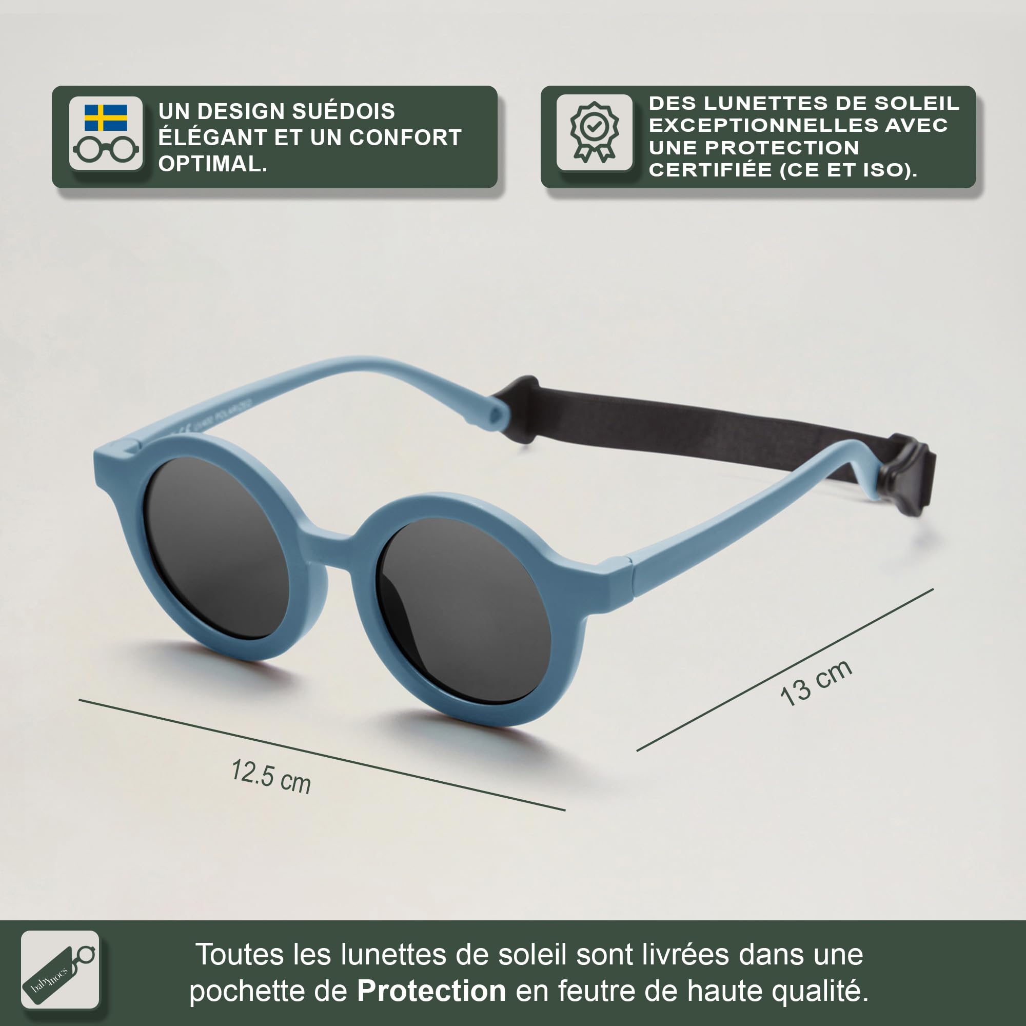 BABYMOCS Lunettes de soleil rondes pour enfants de 1,5 à 8 ans - Protection UV 100 % - Flexibles - Sans BPA - Sans substances nocives - Avec bande - Design suédois