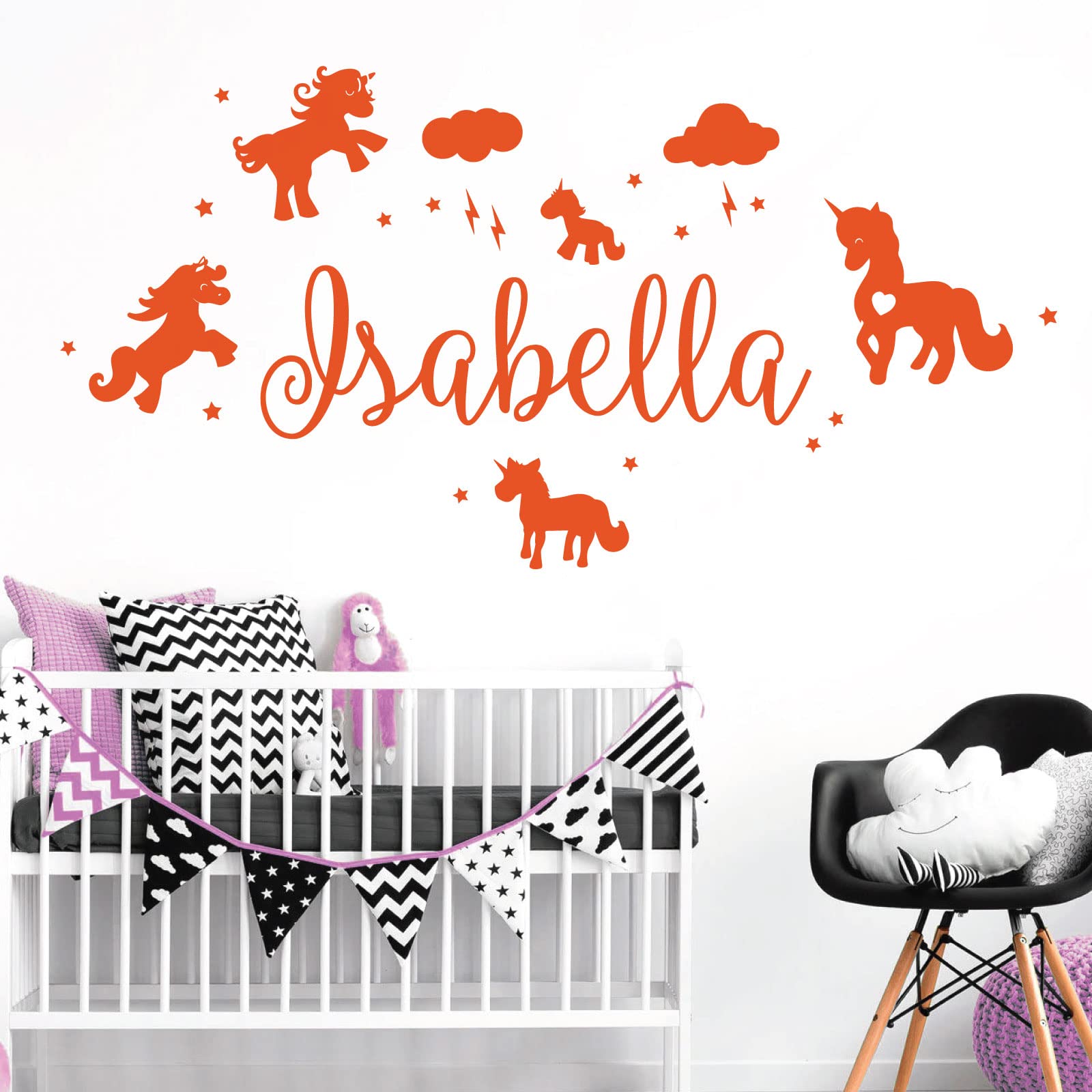 Unicorns, Stars & Clouds - Personalised Name Girls Wall Art Sticker [Medium] [Orange]