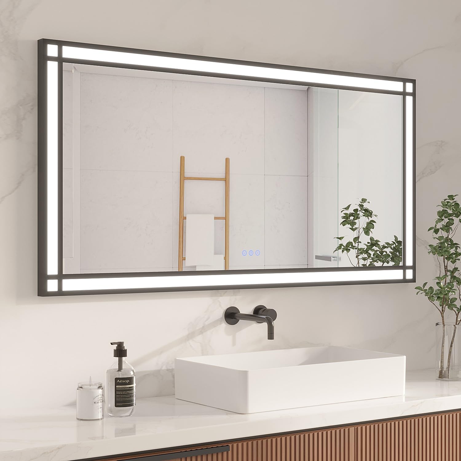 AQUABATOS grande specchio da bagno a LED con illuminazione 140x70 cm effetto finestra specchio luminoso cornice in alluminio nero dimmerabile antiappannamento