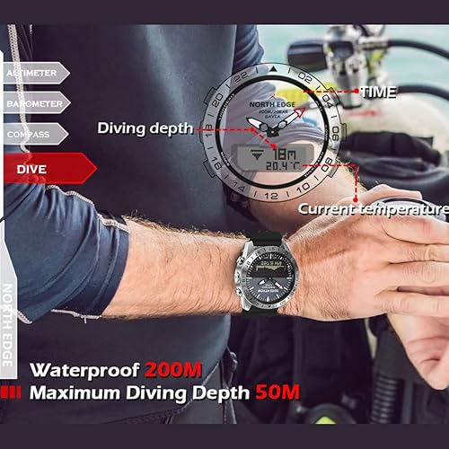 Miniatura 5 de CakCity Reloj altímetro de acero inoxidable analógico digital para hombre, impermeable, para piloto, brújula, buceo, deportes al aire libre, 20ATM