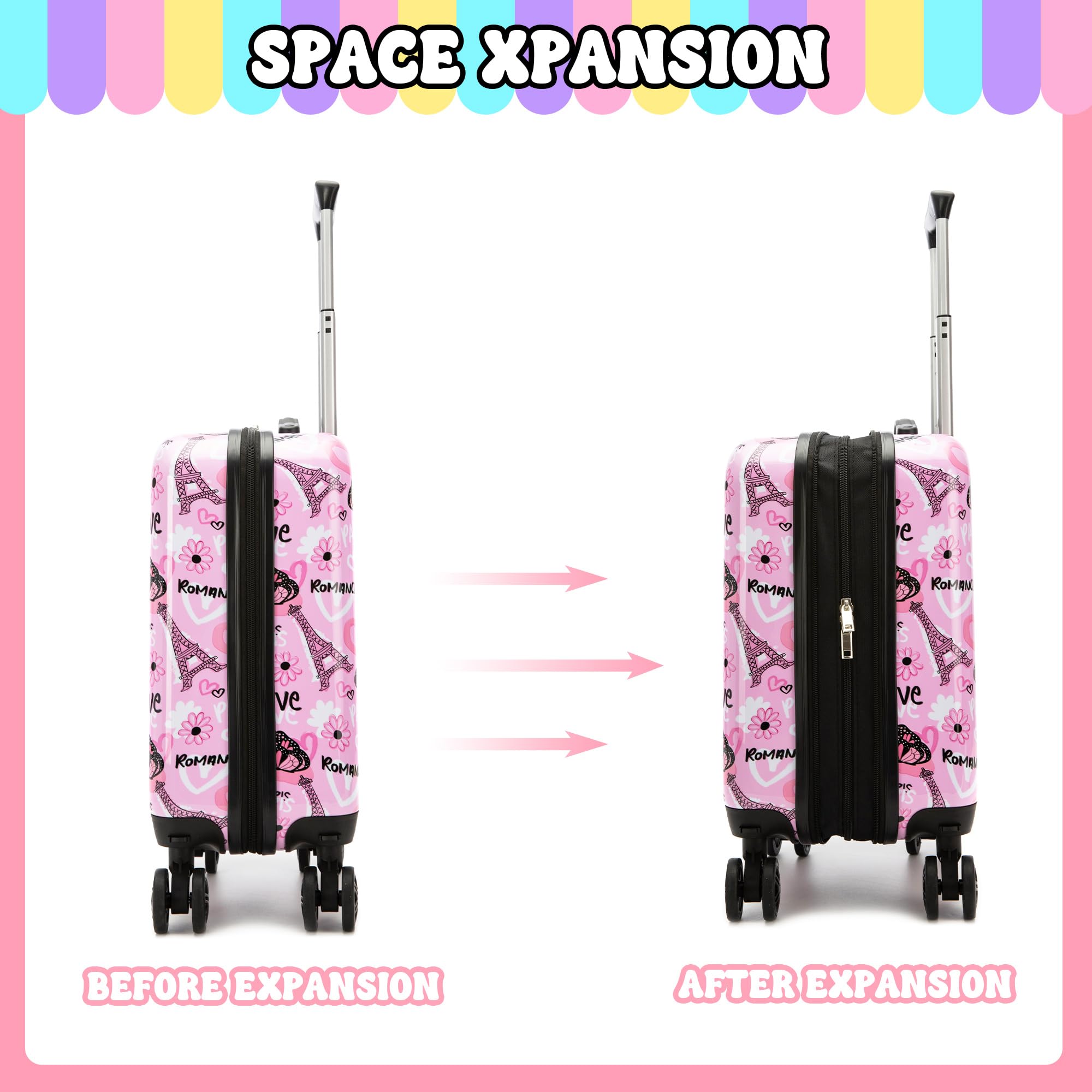 HTgroce 3 teiliges Kinderkoffer, Kindertrolley mit Reisetasche Kinder Mädchen, Nackenkissen & Gepäckanhänger, Kindergepäck mit Rollen, Handgepäck Reisekoffer Hartschalenkoffer für Mädchen
