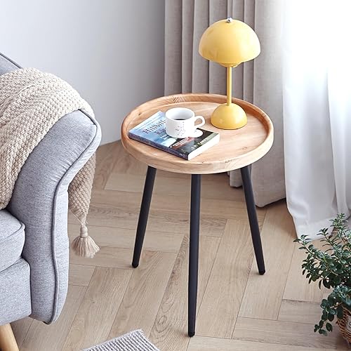 Miniatura 7 de LITA Mesa auxiliar redonda de escritorio de troncos, bandeja de madera para interiores y exteriores, mesa de noche con soporte de metal para sala de