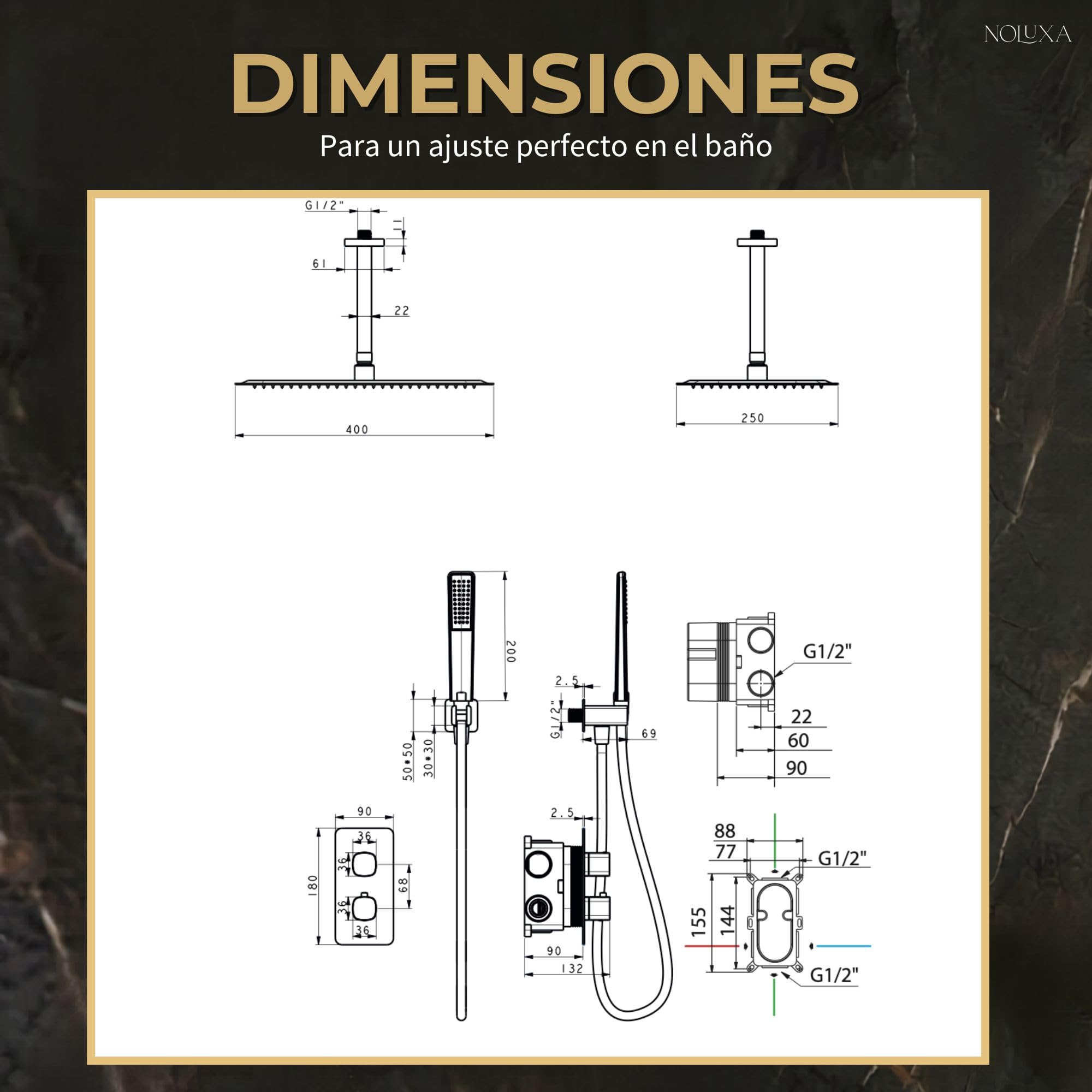 IMEX - Ducha Empotrada Techo Termostática Dorada | Conjunto Empotrado de Grifería con Alcachofa y Rociador Antical Efecto Lluvia | Ducha Empotrada con Grifo en Latón y Acero Inox S.304 | Serie Arezzo