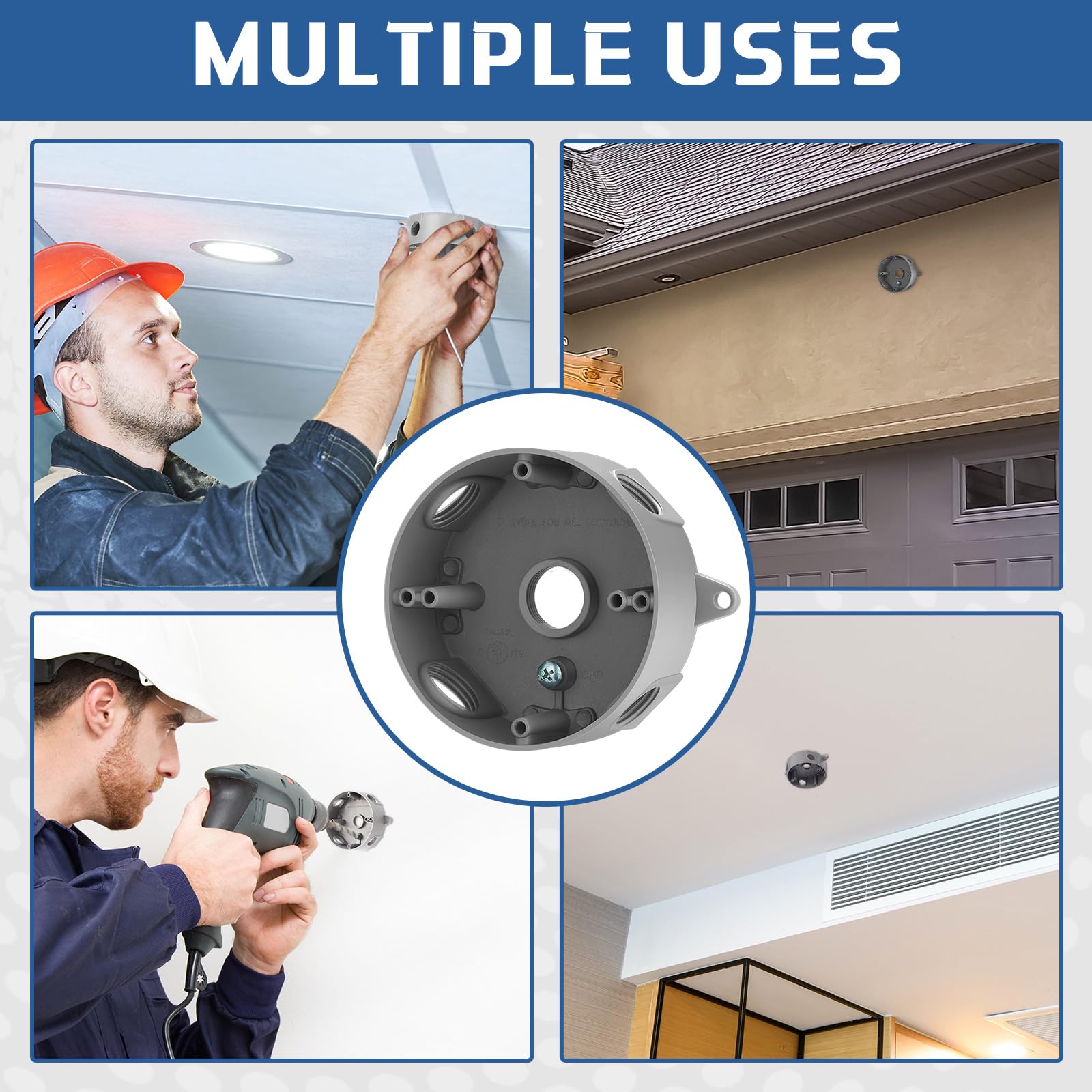 Juexica 4 Pcs 4 Inch Round Metal Electrical Box with 3/4 Inch 5 Holes Weatherproof Aluminum Outlet Junction Ceiling Fan Box for Outdoor Lighting Systems, UL Listed(Gray) — Amazon image 7