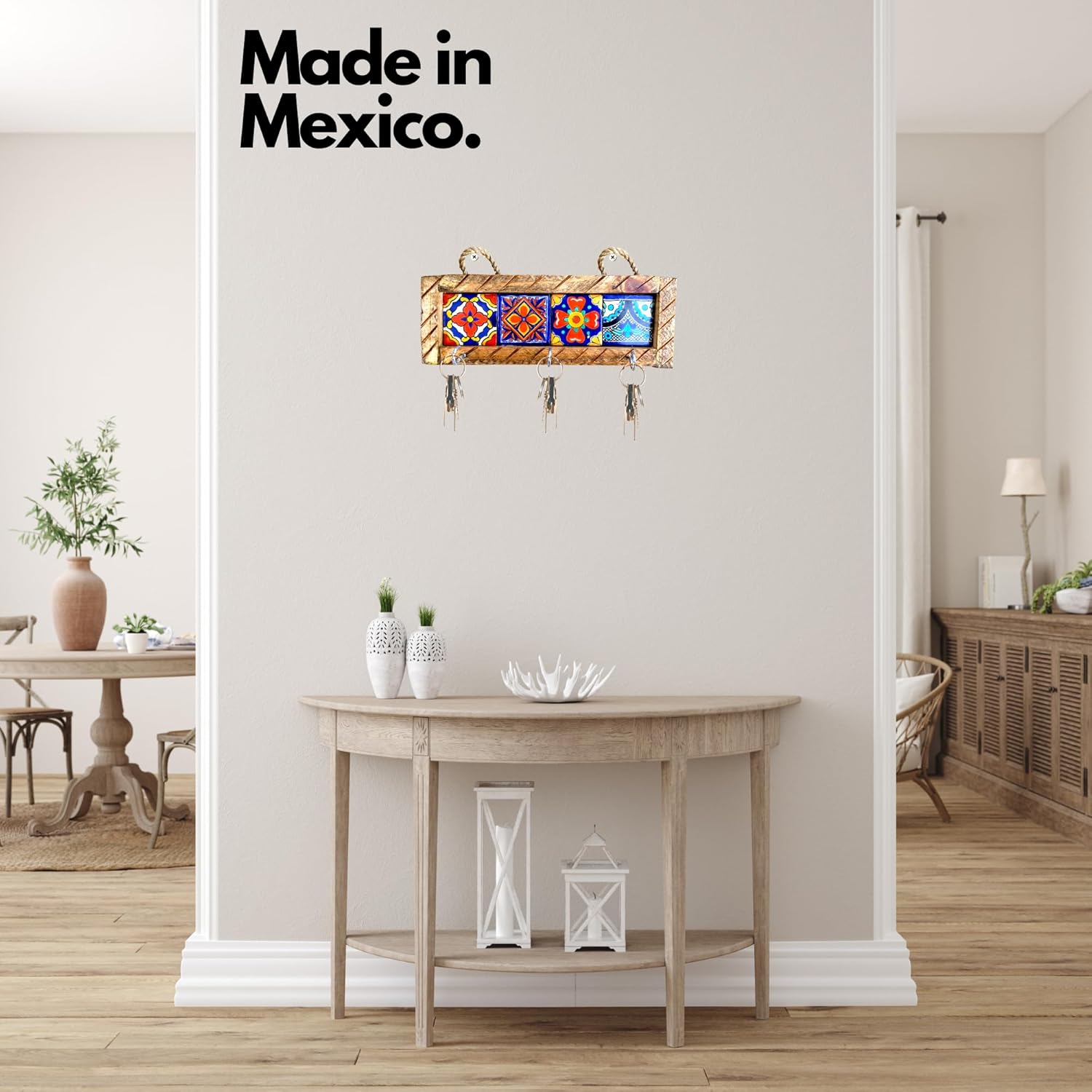 Mexican Key Holder with Metal Hooks and Assorted Talavera Tiles - Handmade Rustic Wall Art - Authentic Mexican Home Decor Portallaves Multi 4 Azulejos