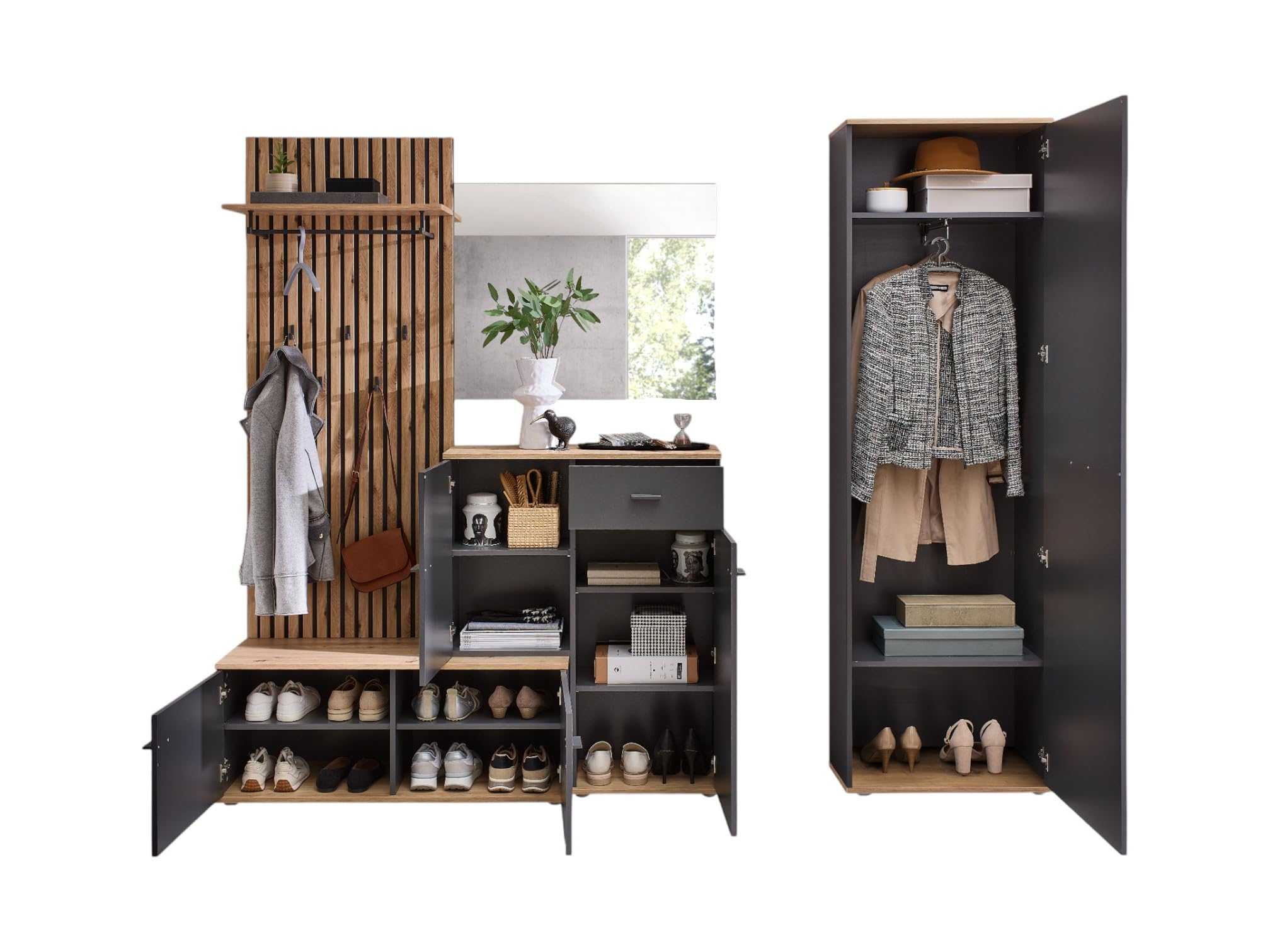Garderoben-Set Como anthrazit/Artisan Eiche Nb. Flurgarderobe Wandgarderobe Paneel + Schuhschrank + Spiegel optional mit Hochschrank