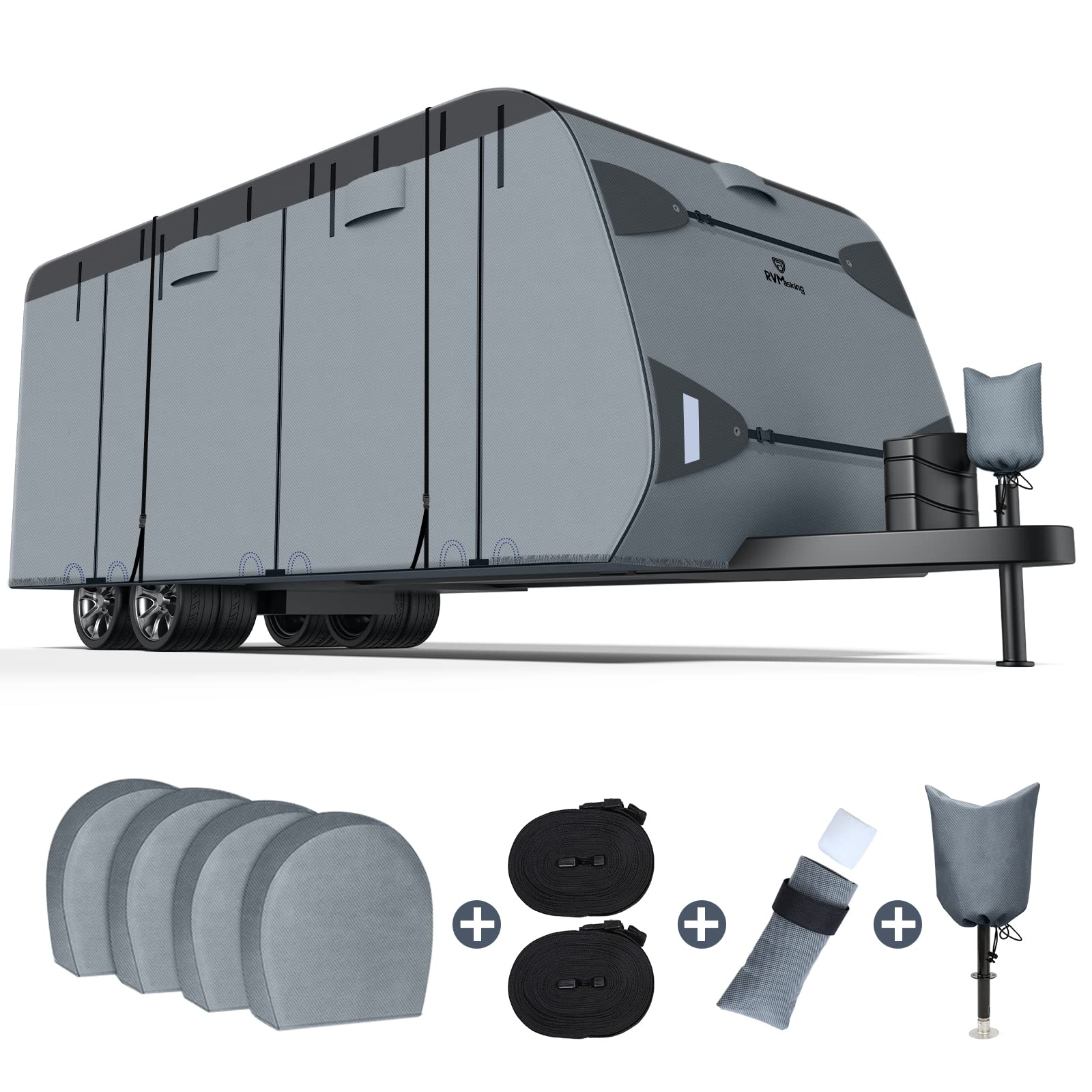 Photo 1 of RVMasking 7 Layers top RV Travel Trailer Cover Rip-Stop Waterproof Camper Cover Fits Up to 15' Motorhome - Anti-UV Windproof Breathable with 4 Tire Covers & Tongue Jack Cover, Dark Gray Up to 15' Dark Gray