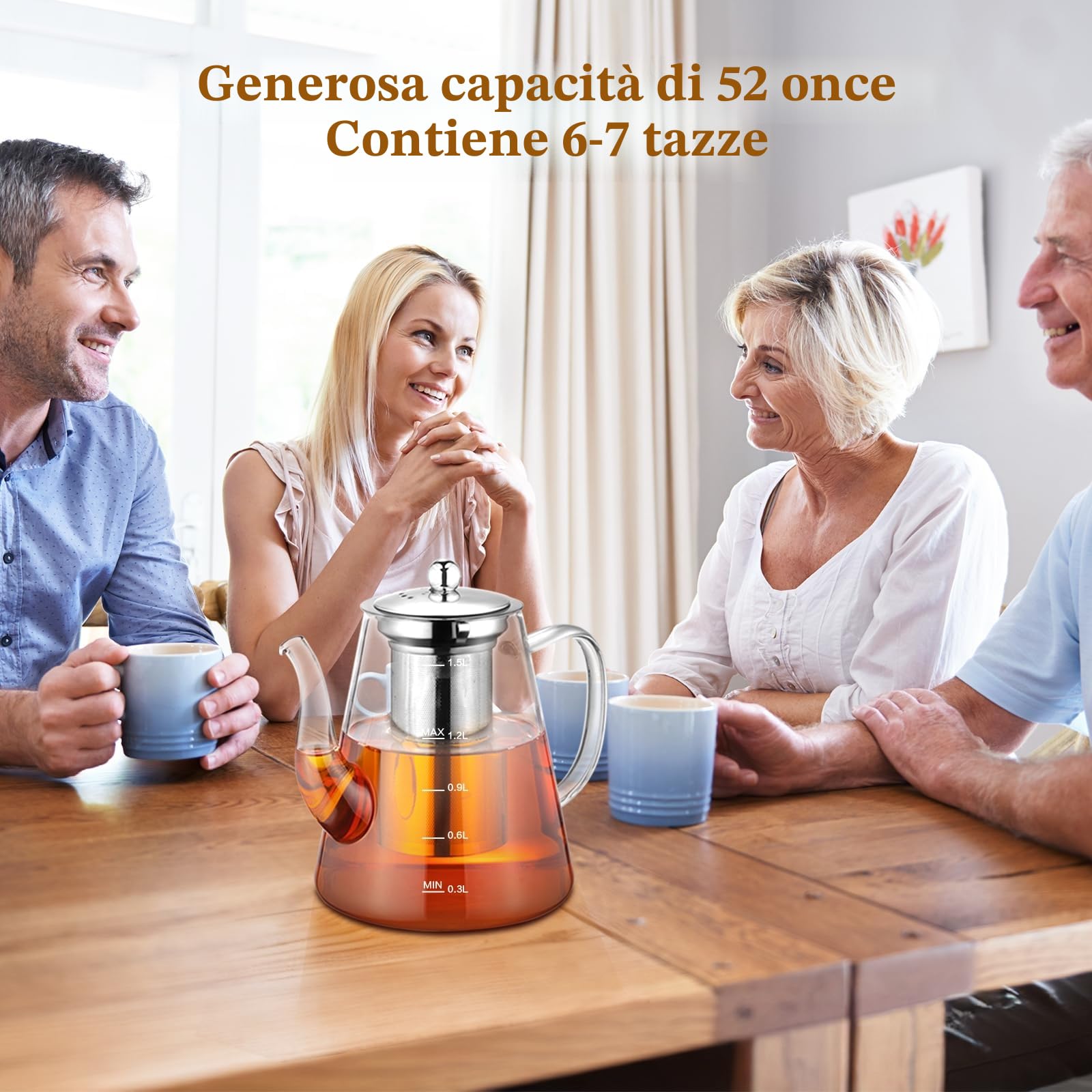 Teiera in vetro da 1500 ml, grande teiera con infusore per tè sfuso e tè in fiore, bollitore per il tè sicuro sul piano cottura, macchina da tè realizzata a mano in vetro borosilicato con linea