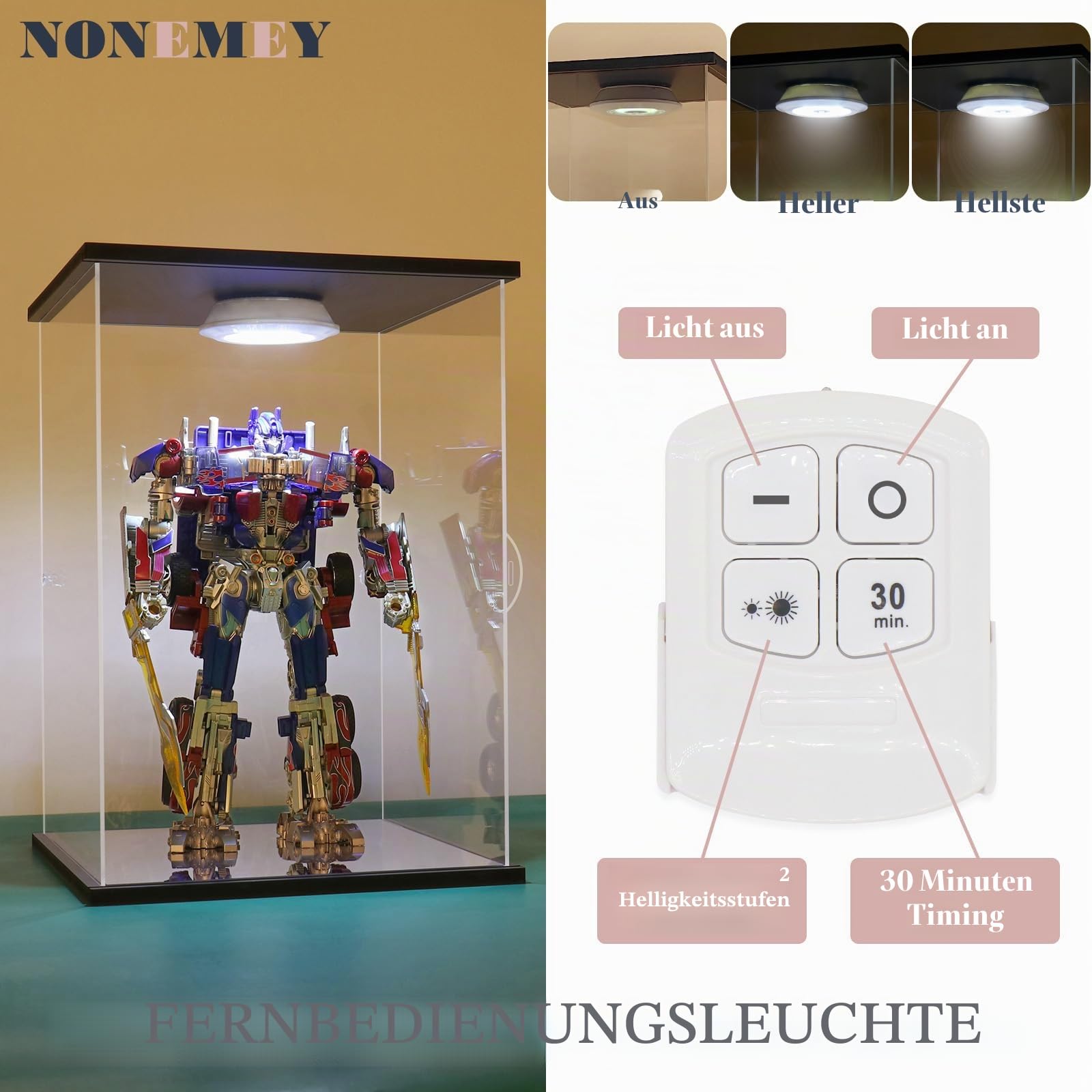 Nonemey Acryl Vitrine / Schaukasten mit LED Licht & Fernbedienung – staubdichte Display Case Box für Sammlerstücke,Figuren & Collectibles-Schwarz, 25x20x42cm