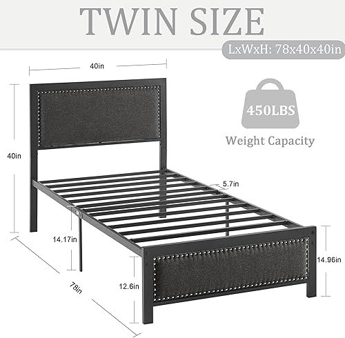 Miniatura 28 de VECELO Base de cama tamaño matrimonial con cabecera tapizada, plataforma resistente con listones de metal fuertes, no necesita somier, fácil Lino y