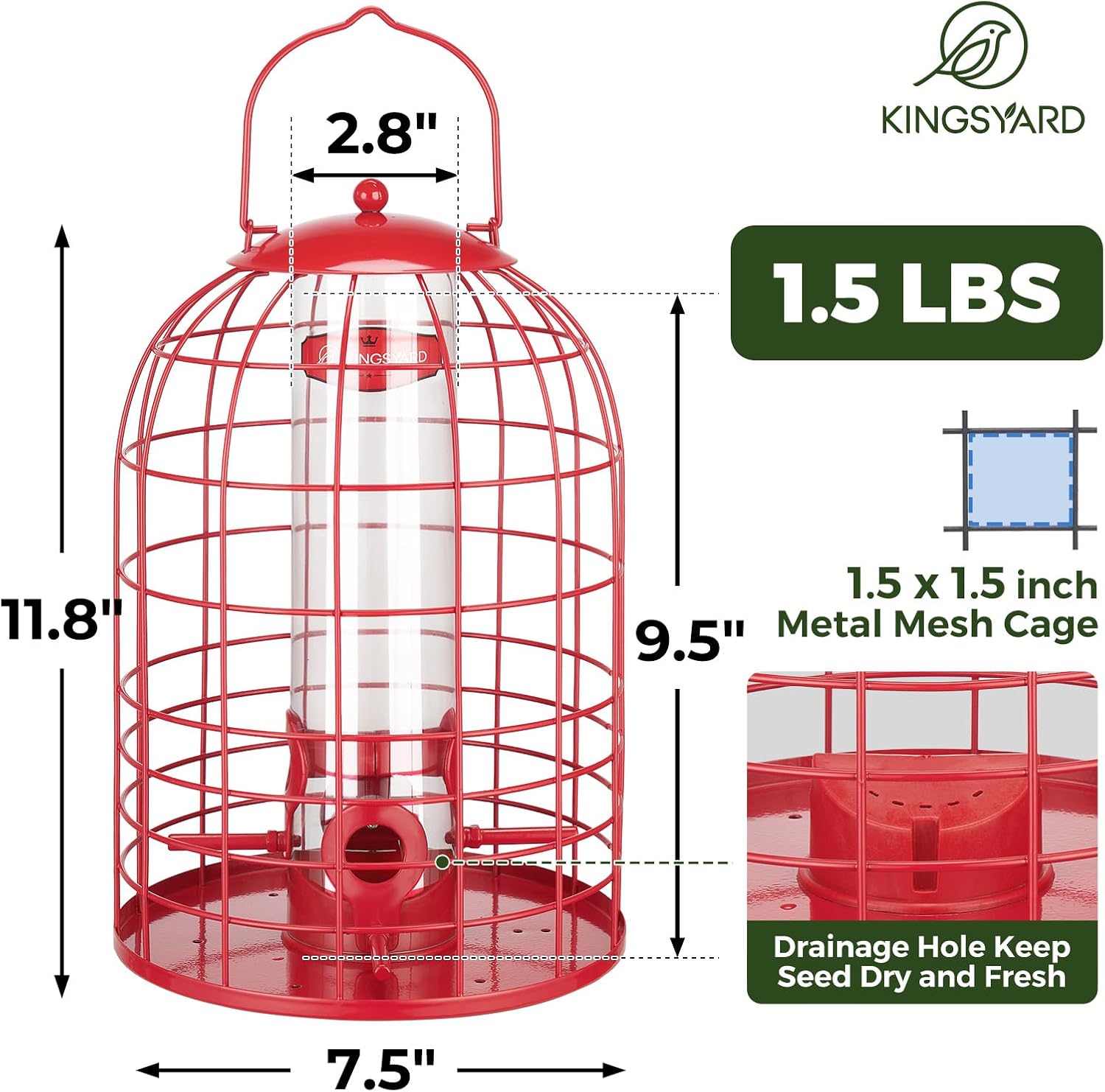 Kingsyard Metal Bird Feeder for Outdoors, Squirrel Proof Caged Tube Feeders Hanging Green, Wild Small Birds Rainproof Station for Garden Yard Seed Easy Clean,Red