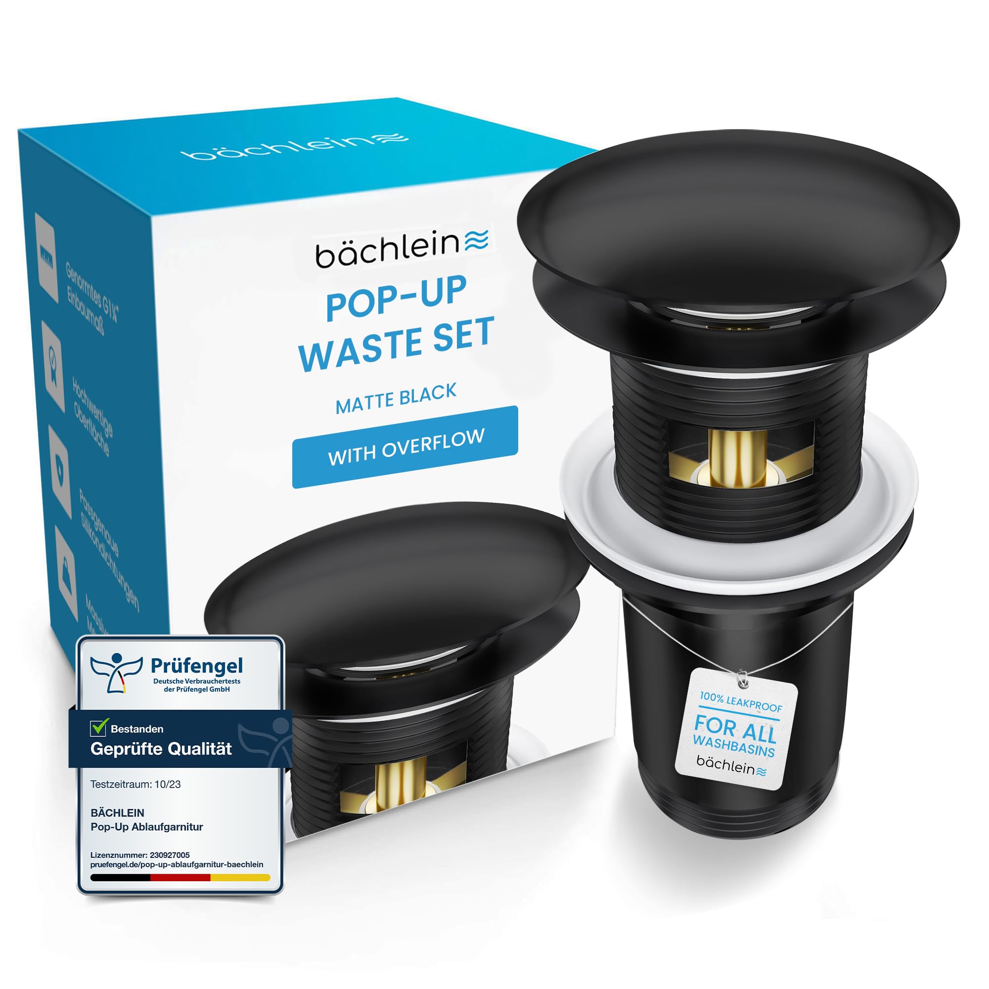 Bächlein Universal Drain Set with Overflow (Matt Black) - Brass Drain Valve Drain Set - Installation with Instructions