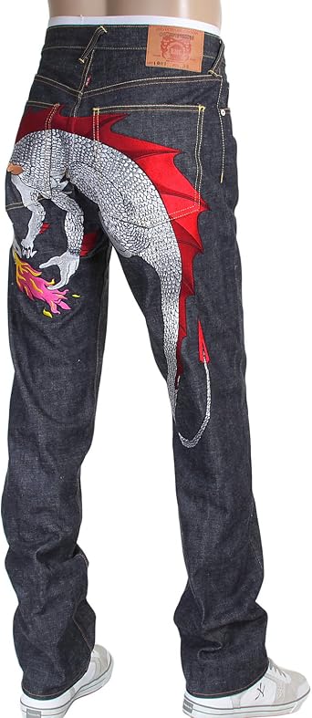 Red Monkey Company Mens Silver Embroidered Hungry Dragon Japanese Selvedge Denim Jeans RMC3743