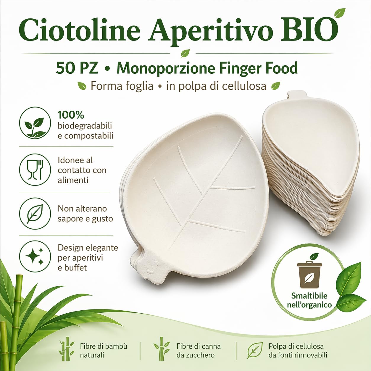 50 PZ Ciotoline aperitivo usa e getta foglia BIO monoporzioni finger food vassoio aperitivo in polpa di cellulosa ciotola snack