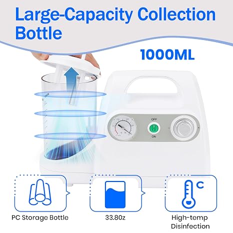 Portable Suction Machine, Electric Phlegm Suction Device, Medical Aspirator with 1000 cc Suction Canister, Tabletop Mucus Machine for Home & Veterinary Use
