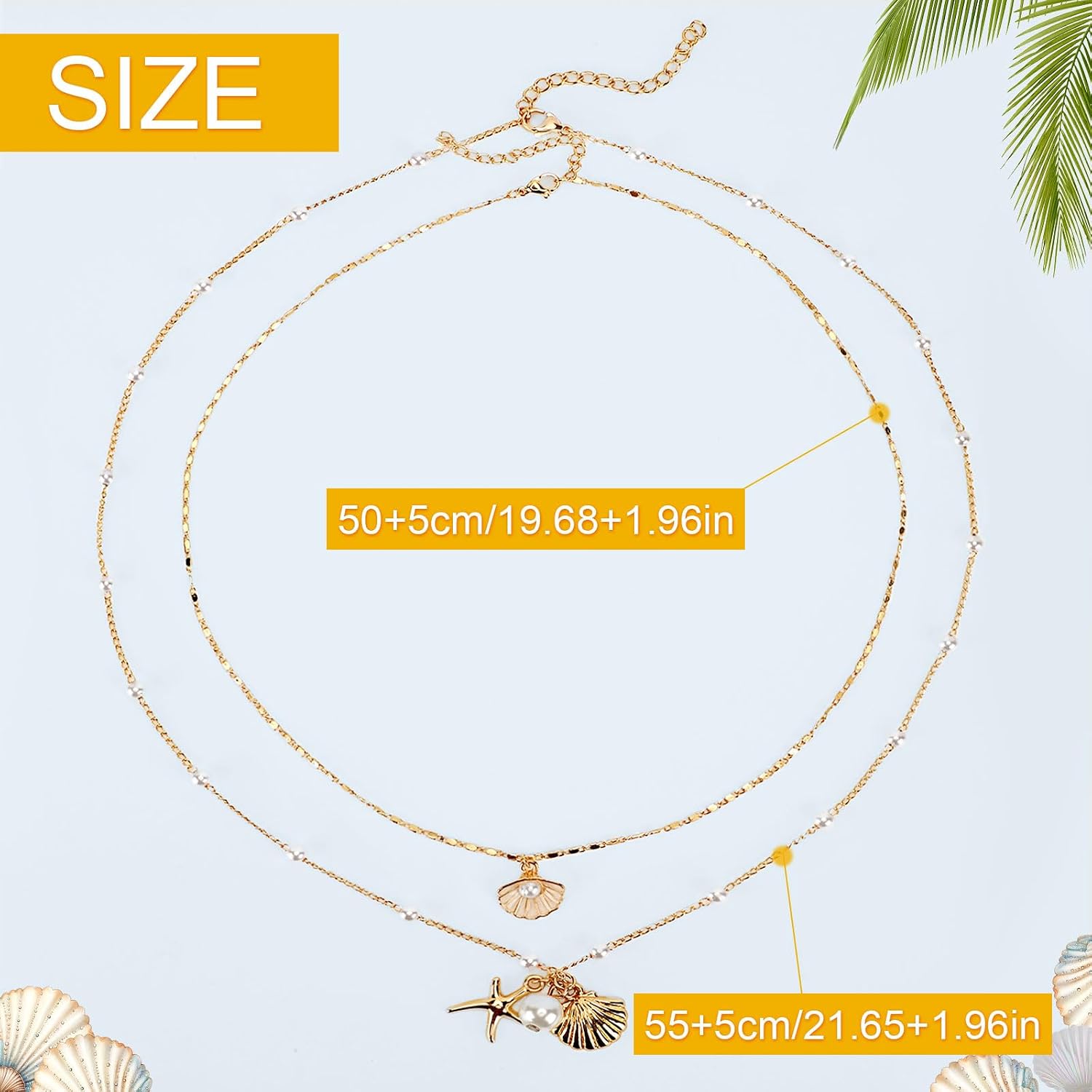 2pcs Shell Necklaces, Shiny Charming Beach Jewelry for Women Adjustable Multi-Layer Seashell Necklace with Pearls Match All Outfits Summer Sea Necklaces for Birthday Wedding Party Engagement
