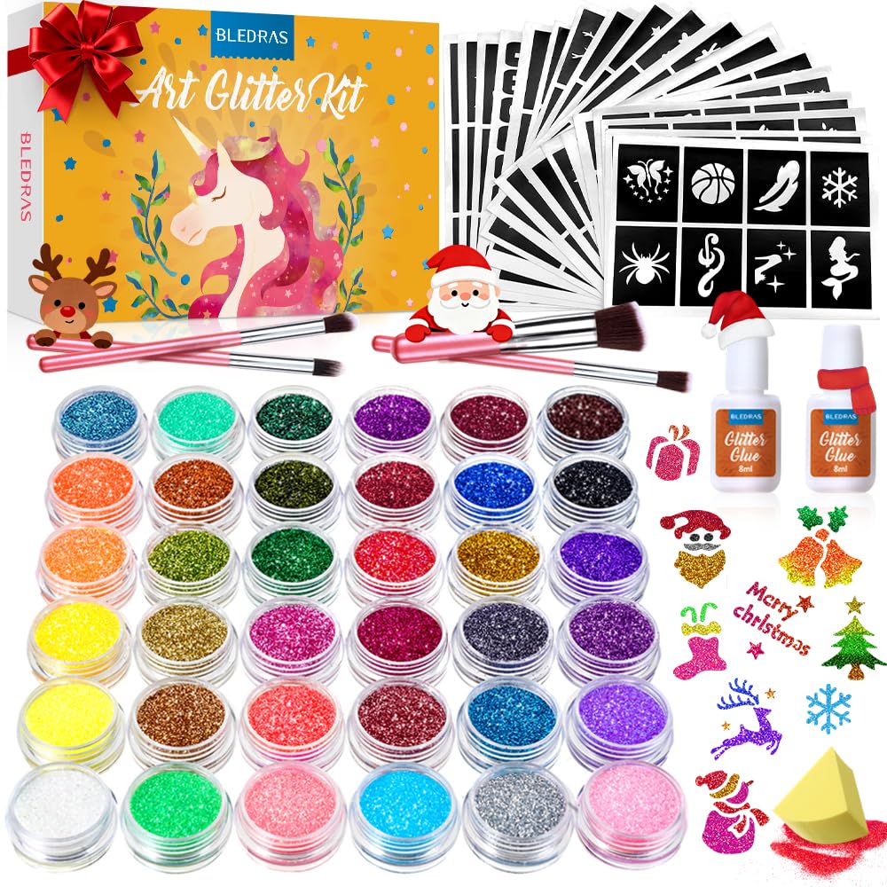Glitter Tattoo Set, Bledras 36 Colors Kids Tattoo Set, 178 Stencils, 5 Brushes, 2 Glue, Flash Tattoo Kit for Girls, Boys and Adults, Carnival Festival, Cosplay Parties, Games (Orange)