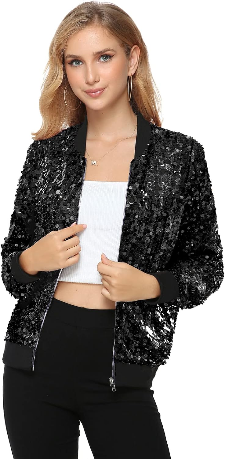 Womens Long Sleeve Sequin Open Front Zipper Jacket with Ribbed Cuffs - Image 3