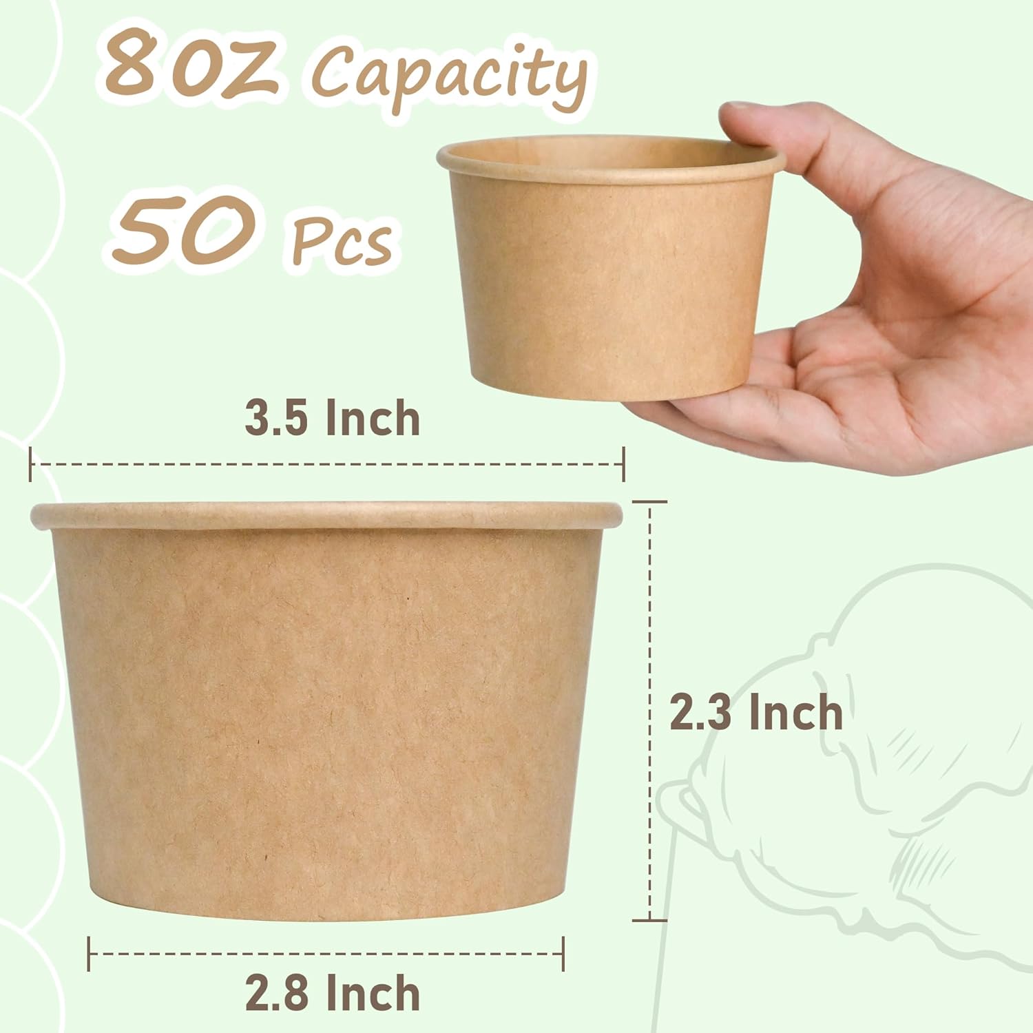 ESSENTIAL Paper Ice Cream Cups, 50pcs 8oz Disposable Dessert Bowls for Hot or Cold Food, Lids Not Included, Paper Snack Containers for Sundae, Frozen Yogurt, Soup (Brown) 50 Pcs