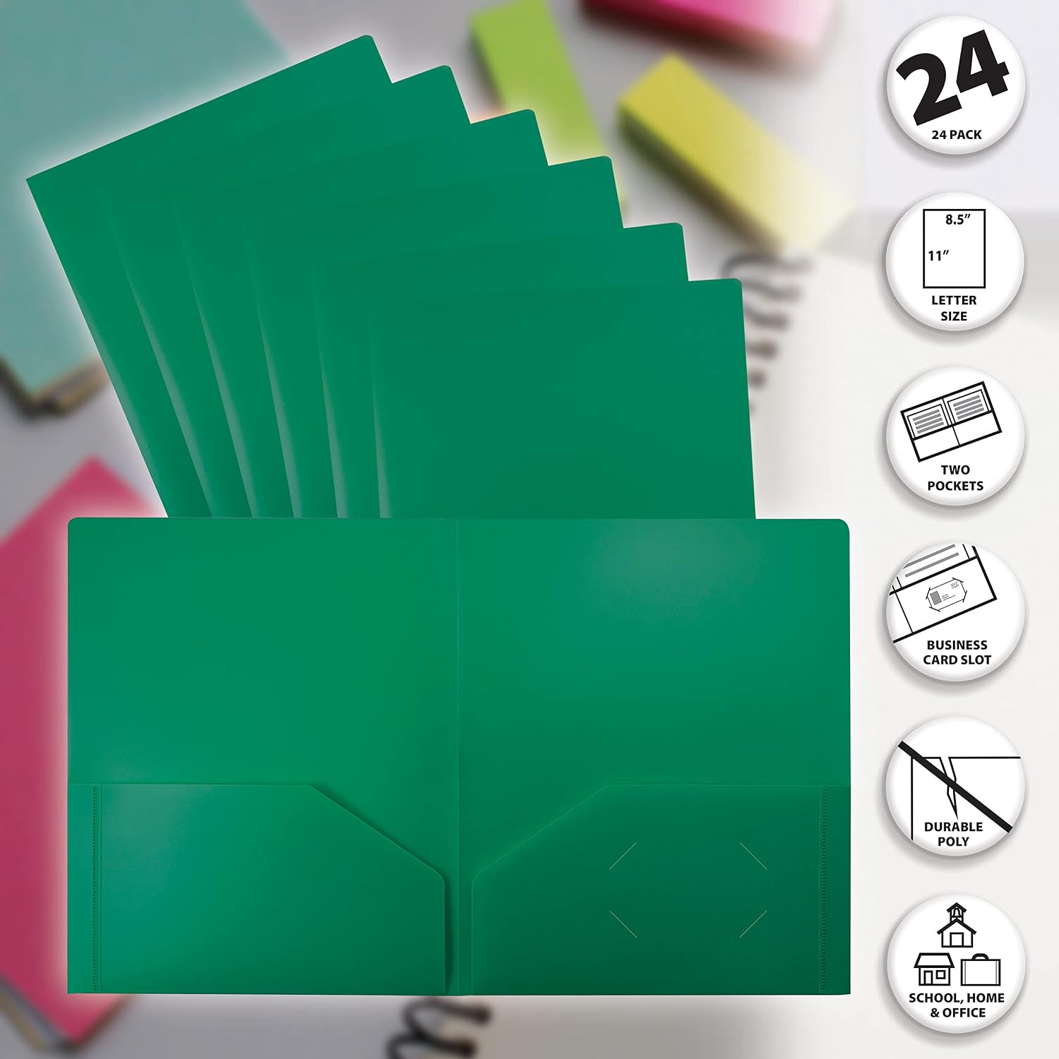 Better Office Products Heavyweight Plastic 2 Pocket Portfolio Folder, Letter Size Poly Folders 24 Pack (Green) image 3