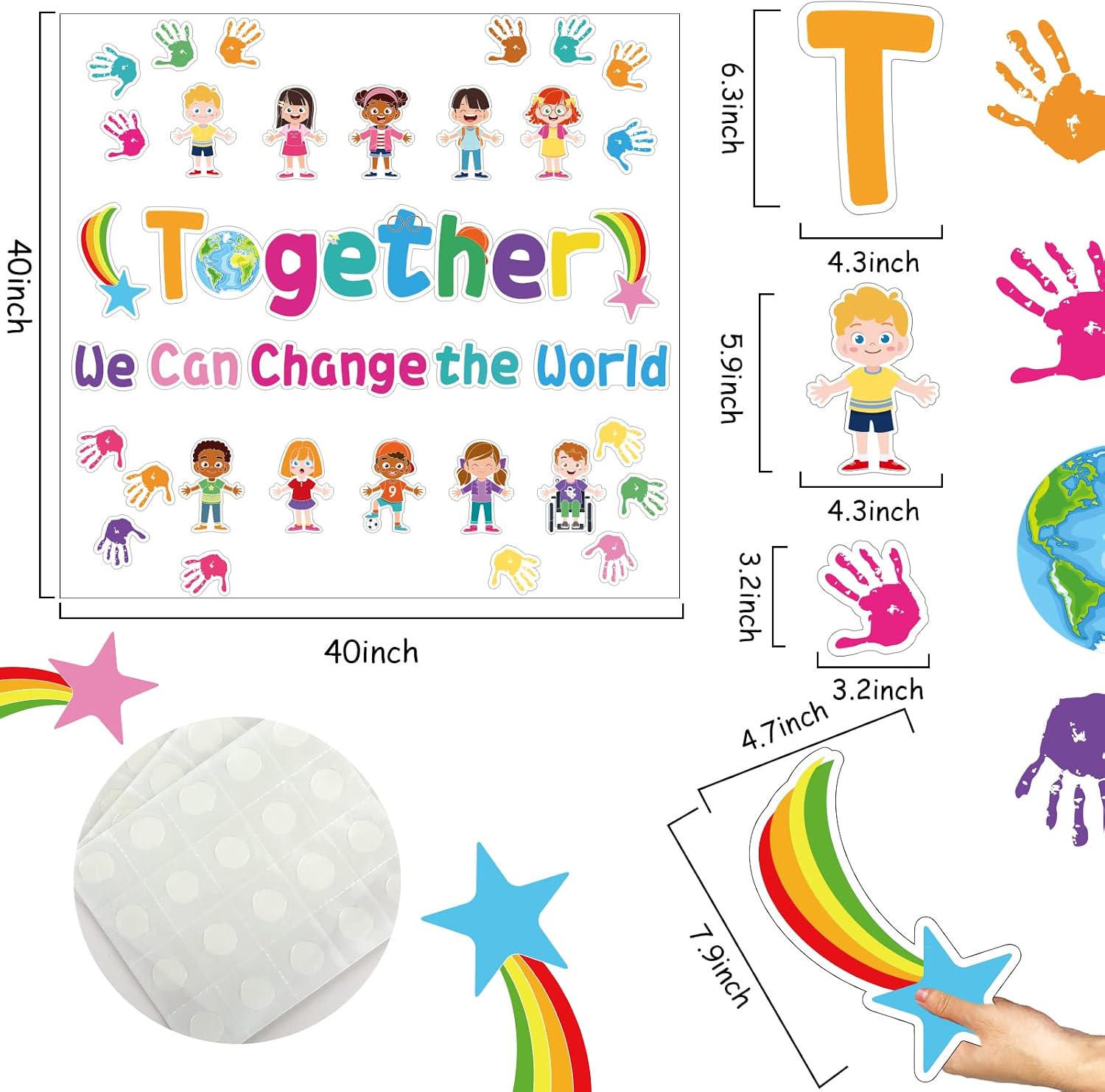 Together We Can Change The World Classroom Bulletin Board Set Decorations Back to School Bulletin Board Hands with Hearts Diverse Children Cutouts for Kids and Teacher Classroom School Supplies Decor