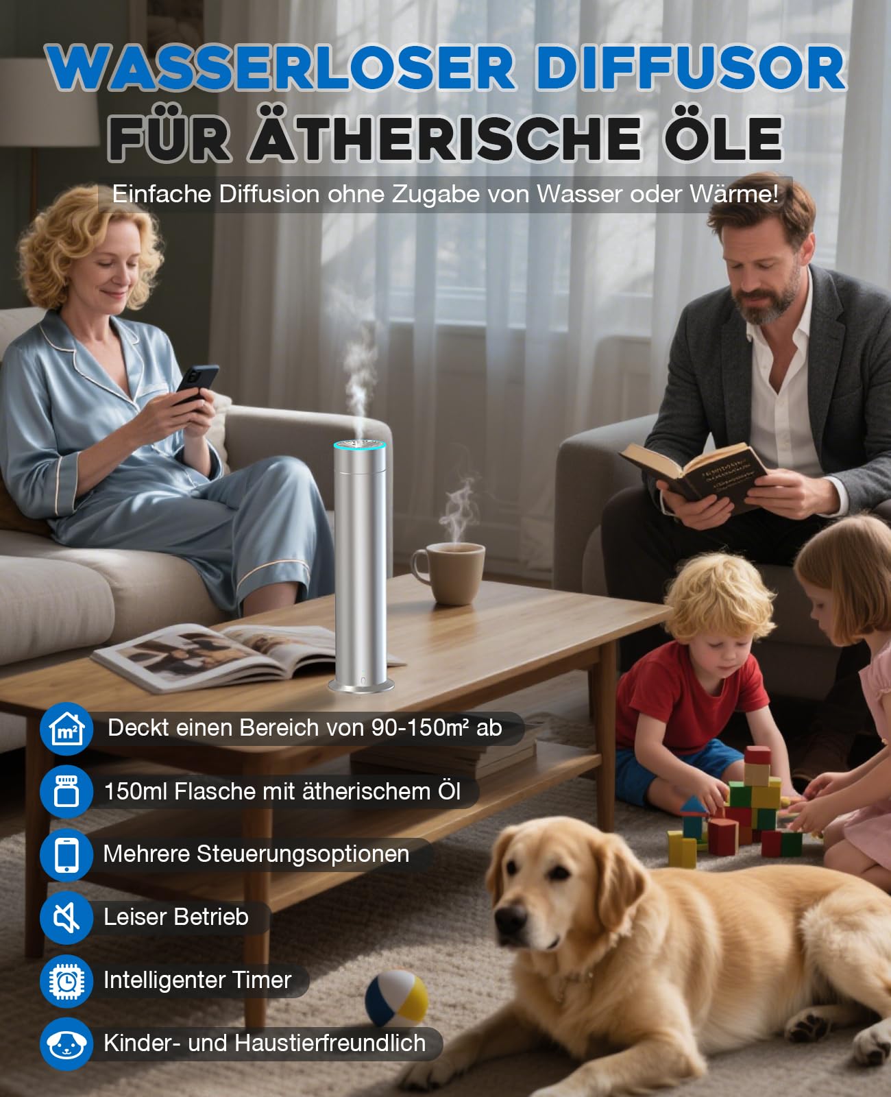 Wasserloser Diffusor Aroma Diffuser Kabellos Diffusoren 150ML Diffuser Ätherische Öle Smart Duftöl Diffuser mit 6 Lichtfarben 4000 mAh Akku 120㎡ Aromatherapie für Zuhause Büro Hotel Bar Yoga
